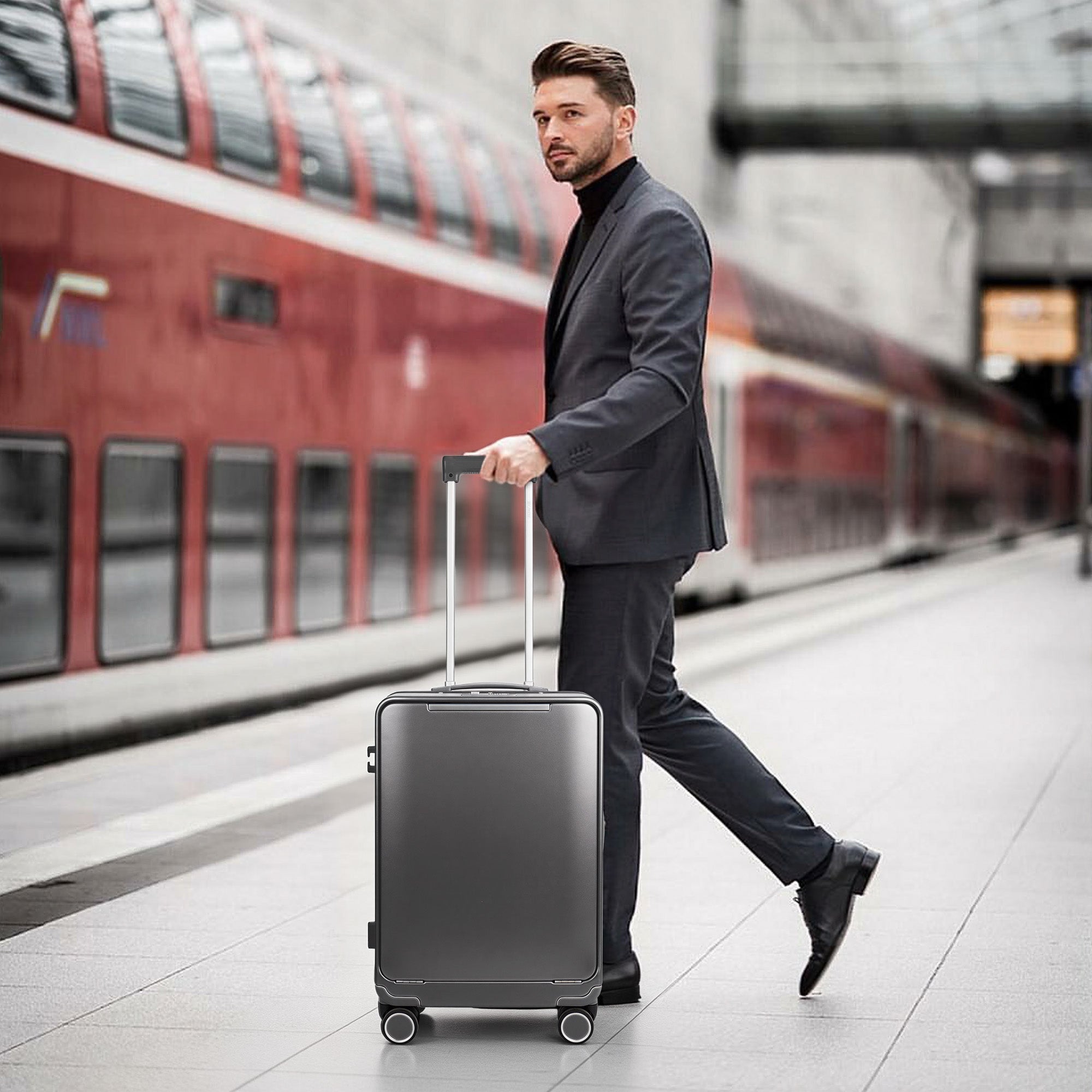 New York XPress LA-266, 20'' Carry on Luggage with Front Pocket & Cup Holder,Suitcase with Aluminum Frame,PC Hard Shell Suitcases w/TSA LOCK
