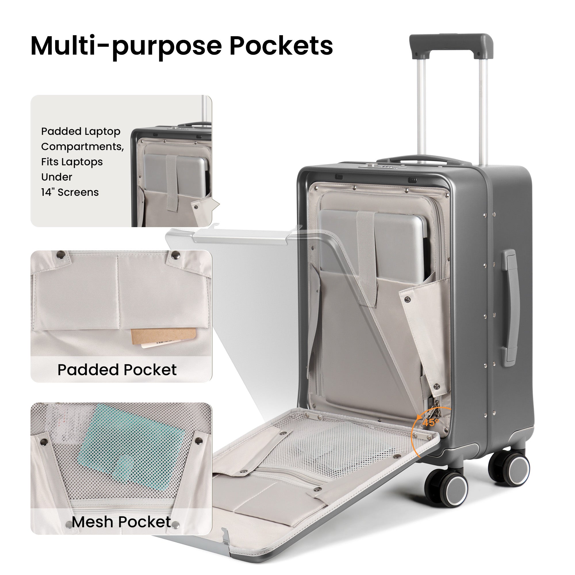 New York XPress LA-266, 20'' Carry on Luggage with Front Pocket & Cup Holder,Suitcase with Aluminum Frame,PC Hard Shell Suitcases w/TSA LOCK
