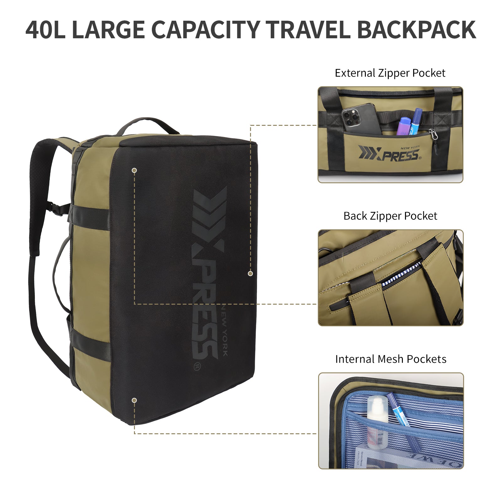 New York XPress LX-737-20''Backpack,2-in-1 Carry-on Backpack for Men Women 40L Sports Gym Bag with Backpack Straps,Water Resistant,for Travel/Gym