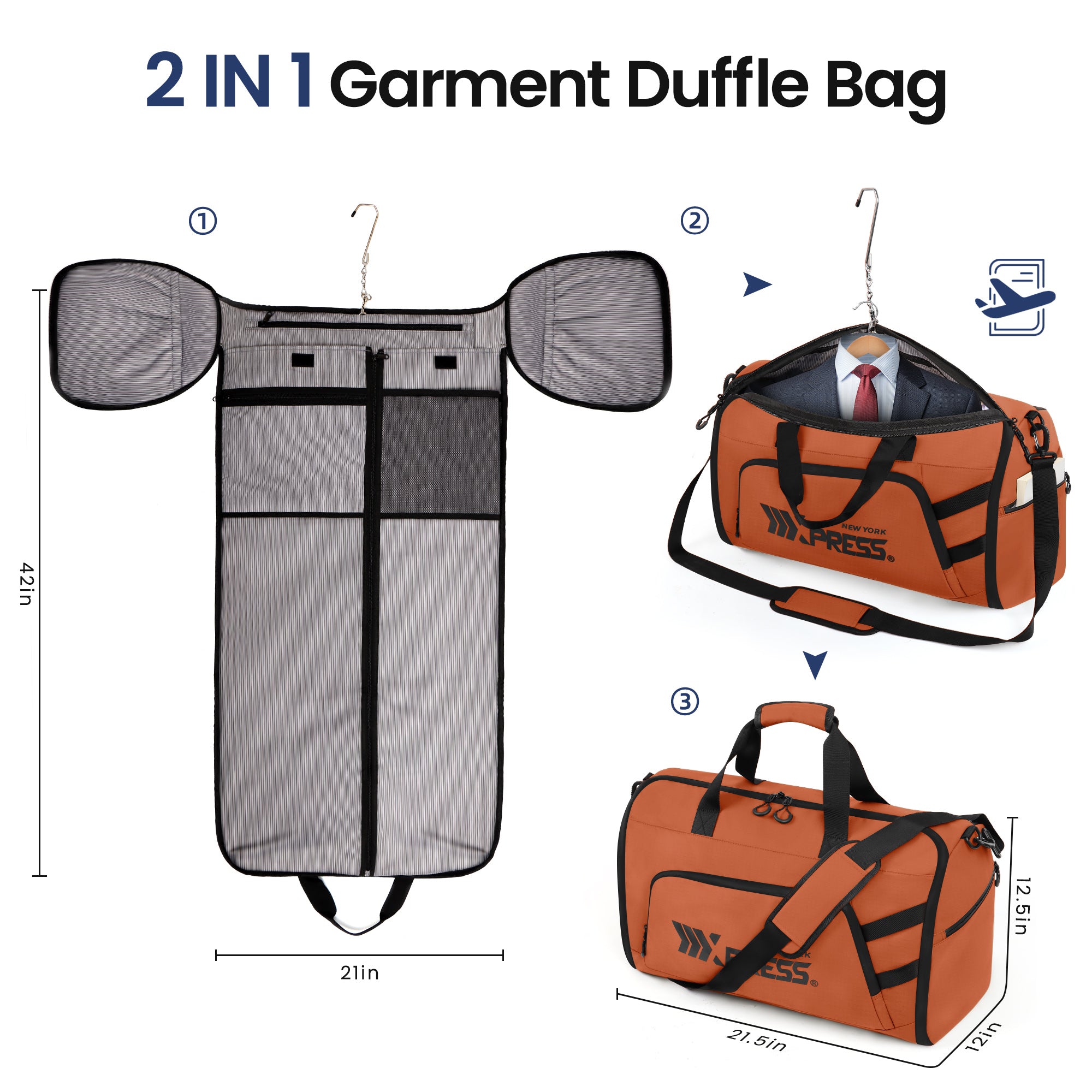 New York XPress GB-261, 2 in 1 Convertible Garment Bag for Travel,Carry on Garment Duffel Bag with Shoulder Strap,Hanging Suit Compartment,Duffle Bag
