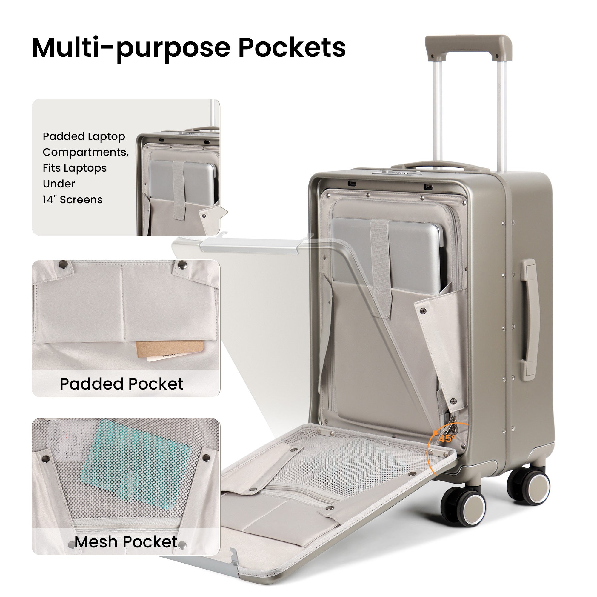 New York XPress LA-266, 20'' Carry on Luggage with Front Pocket & Cup Holder,Suitcase with Aluminum Frame,PC Hard Shell Suitcases w/TSA LOCK