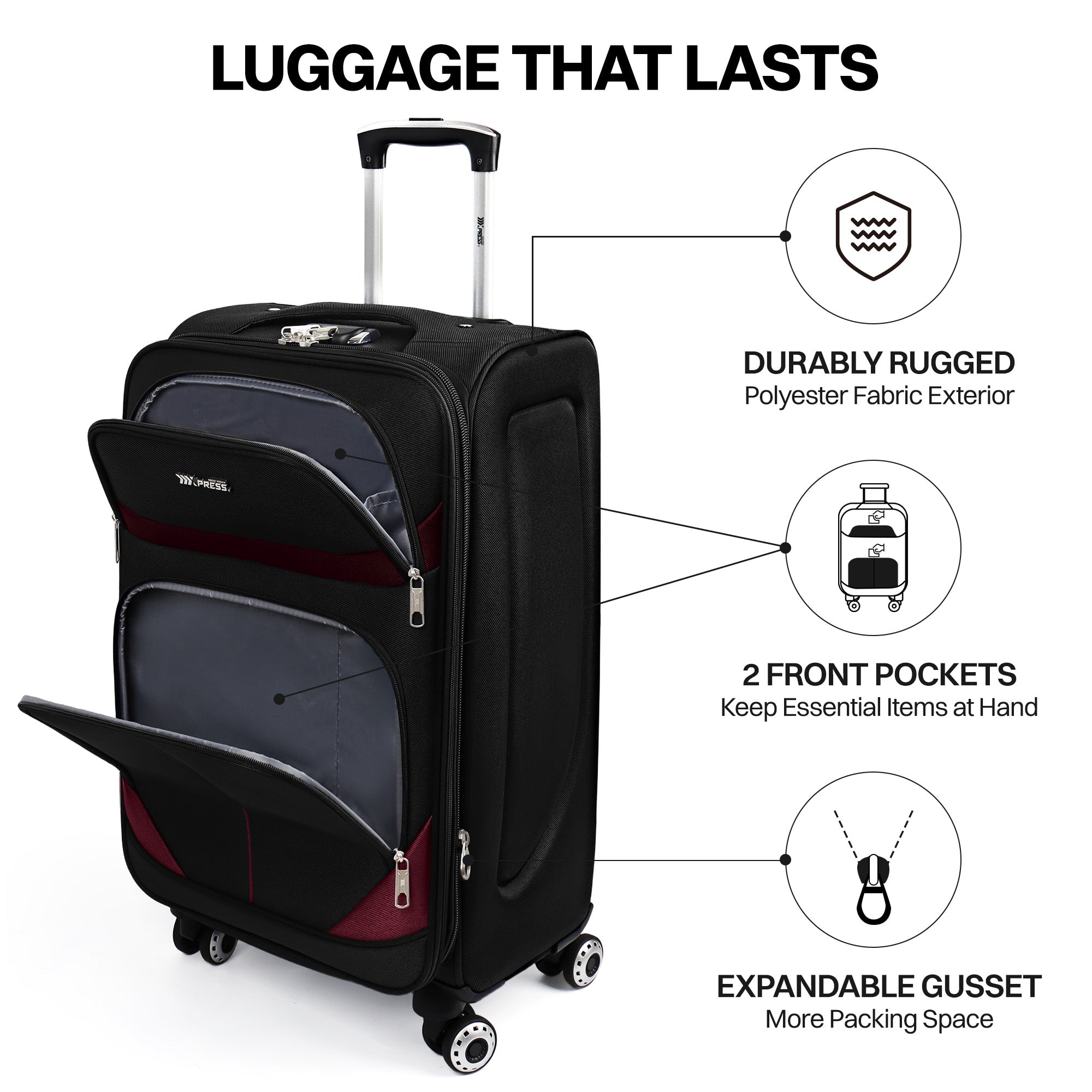 NEW YORK XPRESS Luggage WD-8815,Softside 20in/24in/28in/32in Suitcase,Expandable Luggage,w/Spinner Wheels w/LOCK