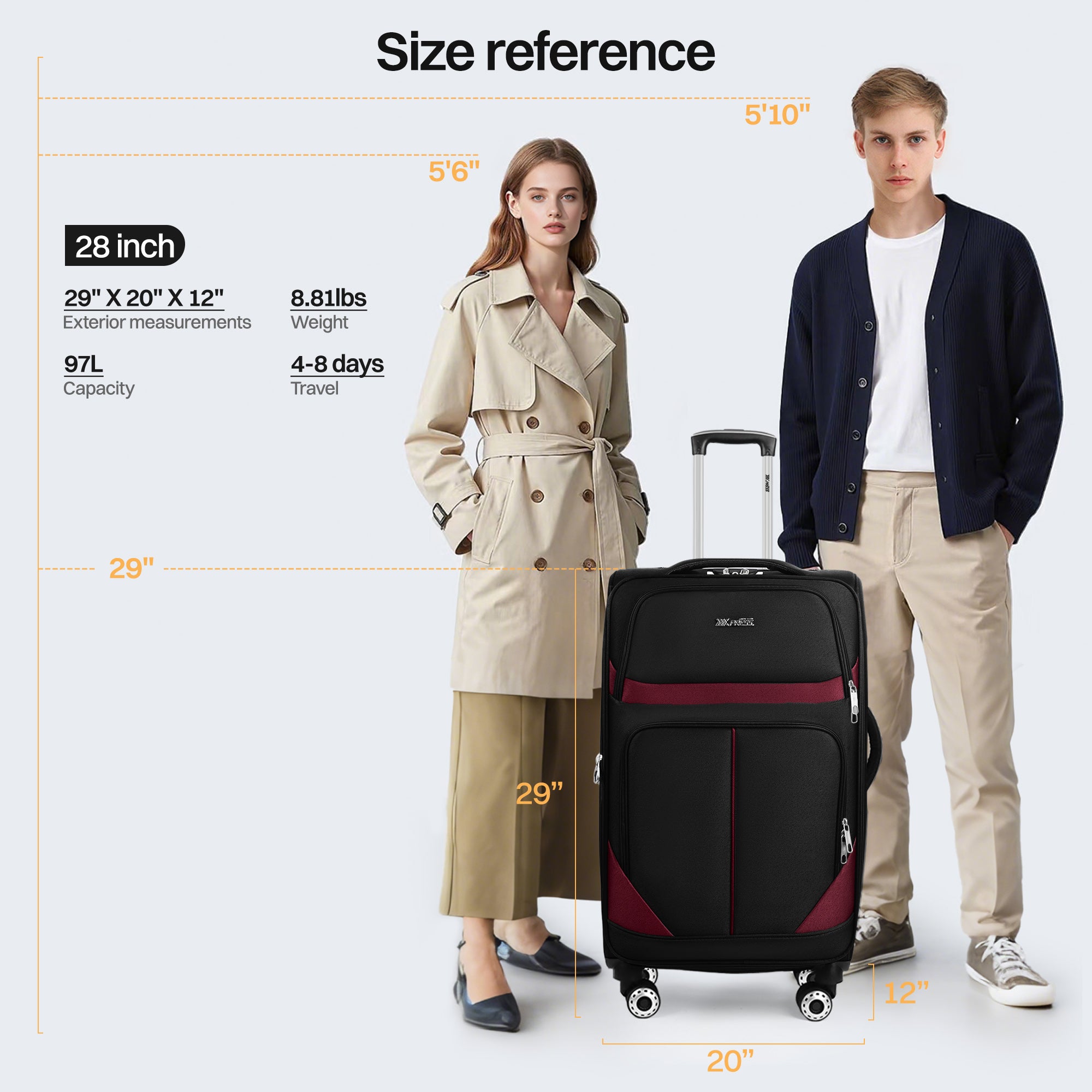 NEW YORK XPRESS Luggage WD-8815,Softside 20in/24in/28in/32in Suitcase,Expandable Luggage,w/Spinner Wheels w/LOCK