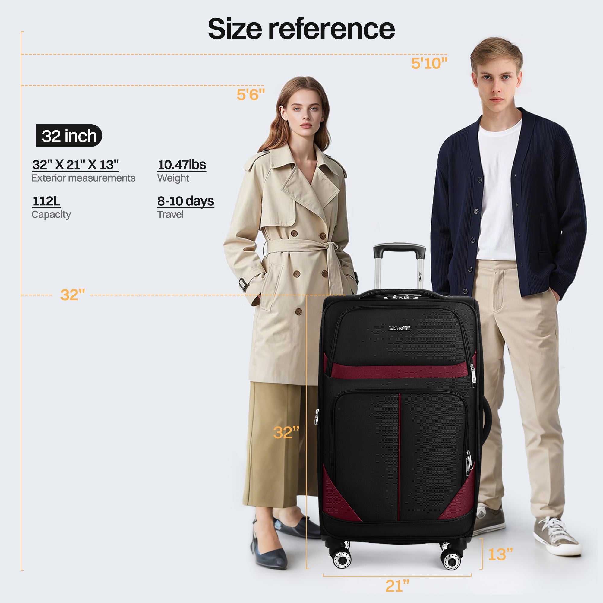 NEW YORK XPRESS Luggage WD-8815,Softside 20in/24in/28in/32in Suitcase,Expandable Luggage,w/Spinner Wheels w/LOCK