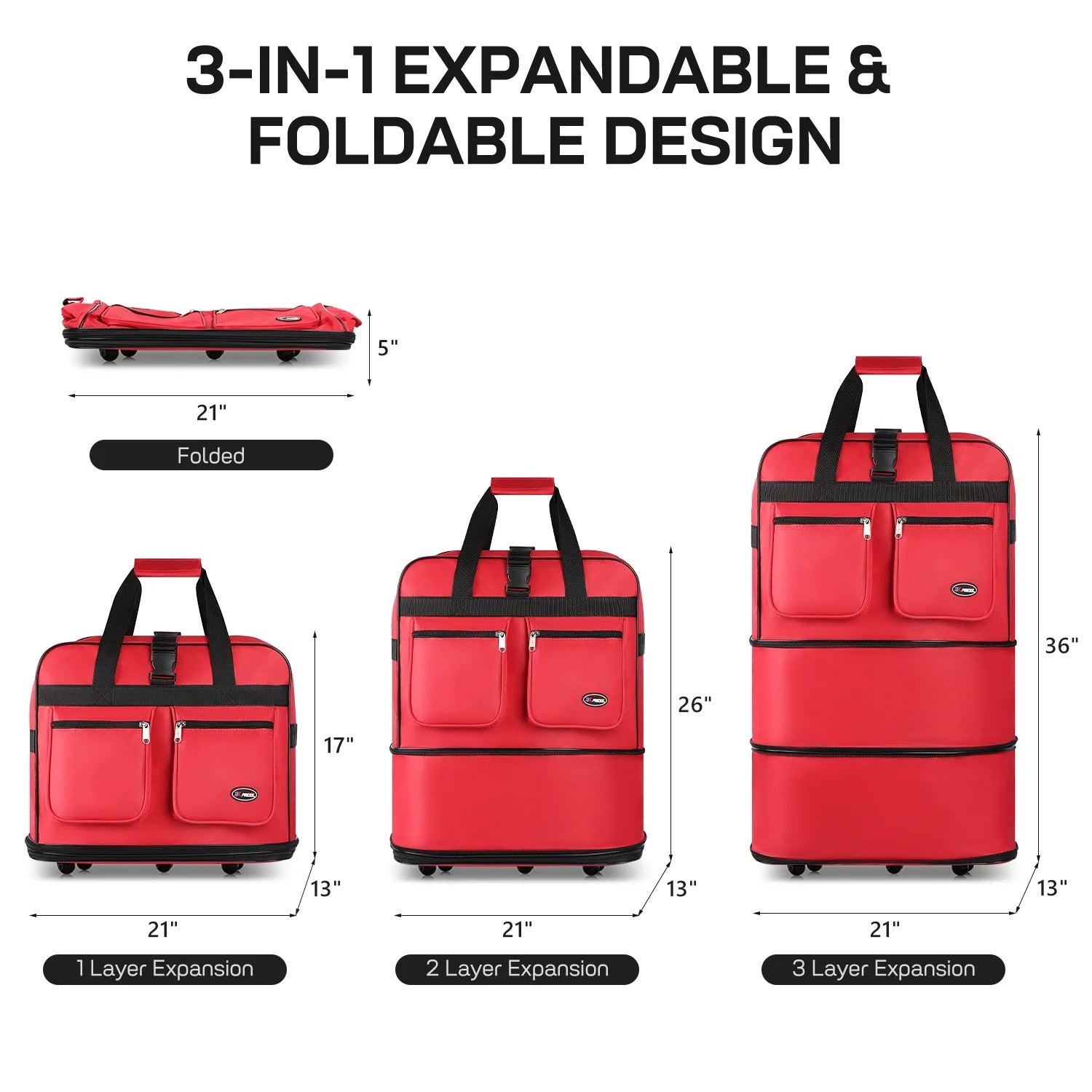 30" 36" 40" Expandable Foldable Luggage Bag with Universal Wheels and Grab Handle,3-Layer Collapsible Large Travel Rolling Suitcase Bag for Home Storage Moving Travel