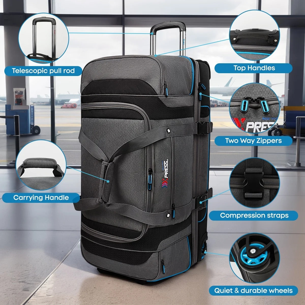 30" Wheeled Rolling Duffle Bag,Rolling Drop Bottom Duffel Bag with Multi- Pocket,Tear-Resistant Trolley Travel Bag,Luggage Duffel Bag for Men Women