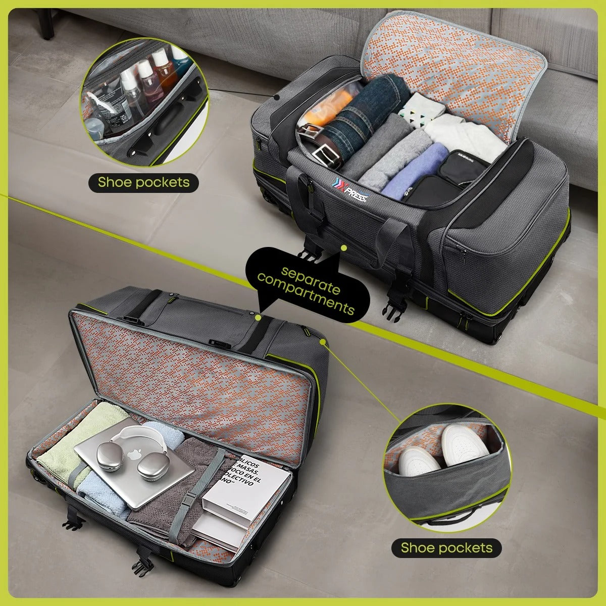 30" Wheeled Rolling Duffle Bag,Rolling Drop Bottom Duffel Bag with Multi- Pocket,Tear-Resistant Trolley Travel Bag,Luggage Duffel Bag for Men Women