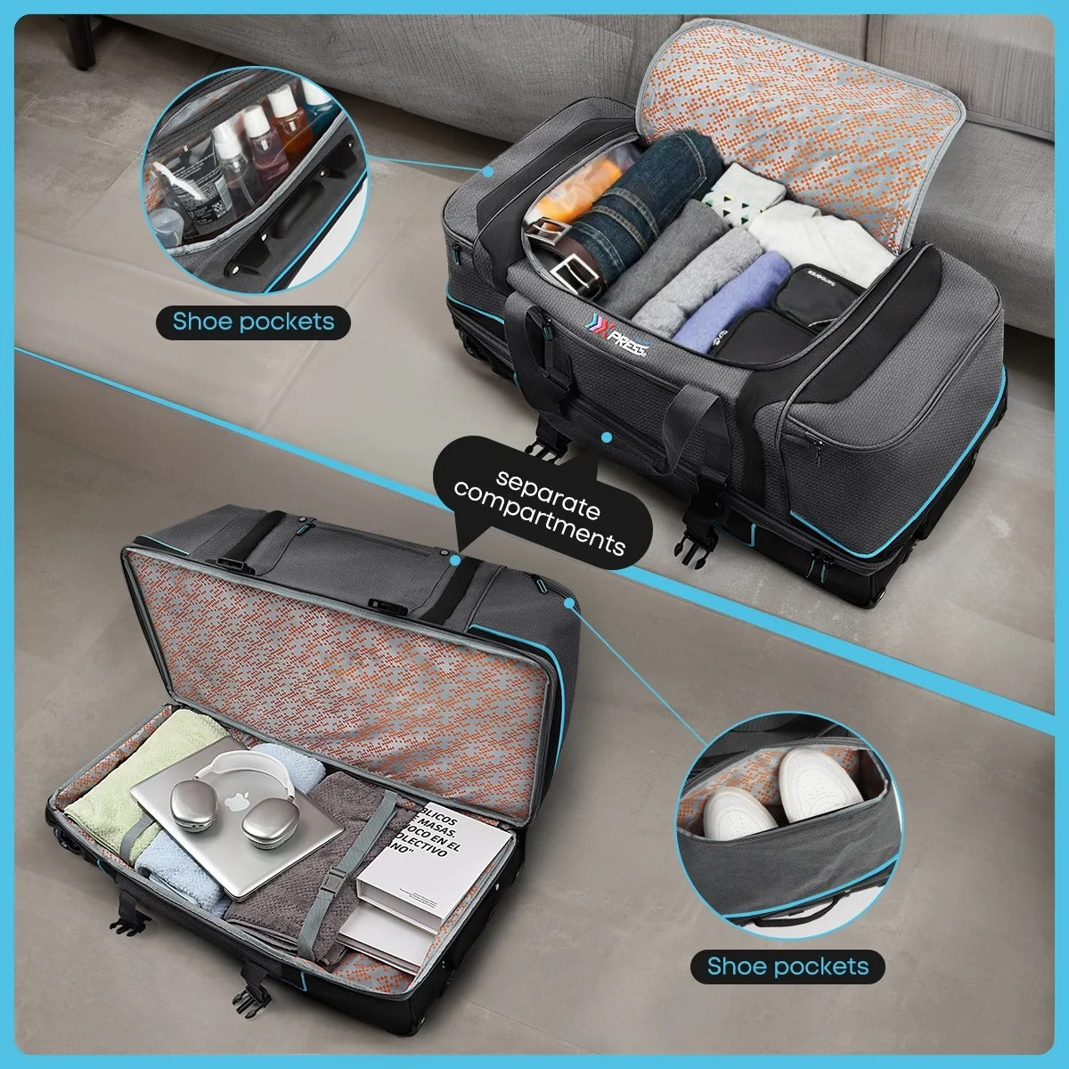 30" Wheeled Rolling Duffle Bag,Rolling Drop Bottom Duffel Bag with Multi- Pocket,Tear-Resistant Trolley Travel Bag,Luggage Duffel Bag for Men Women