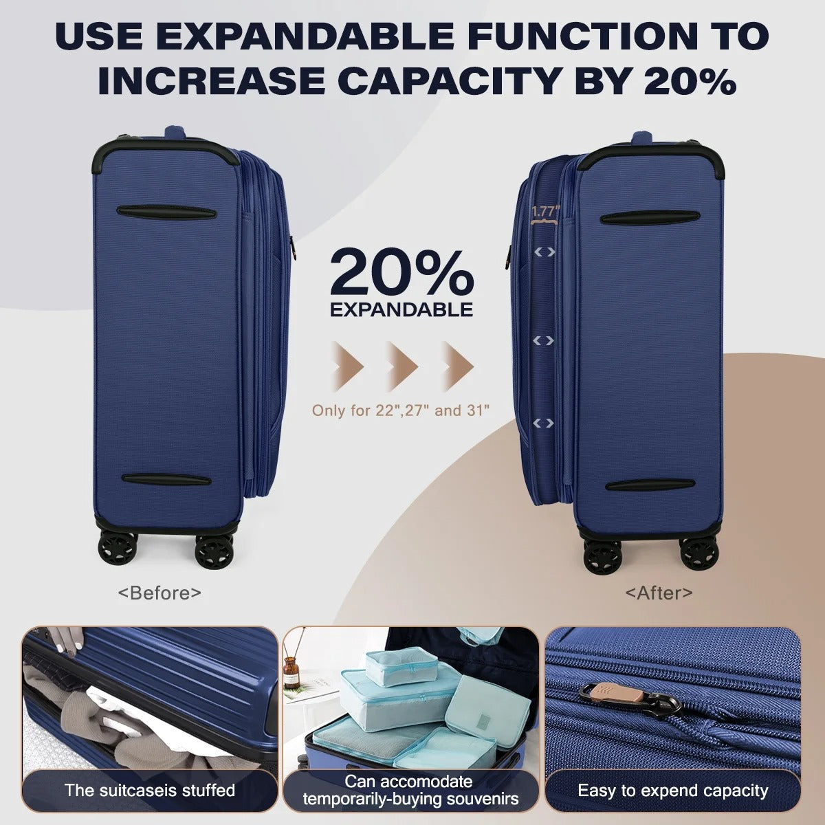 NEW YORK XPRESS 3 Piece Luggage Sets Expandable Softside Luggage Sets with Spinner Wheels and TSA Lock,Lightweight Travel Suitcase Set (20"/26"/28")