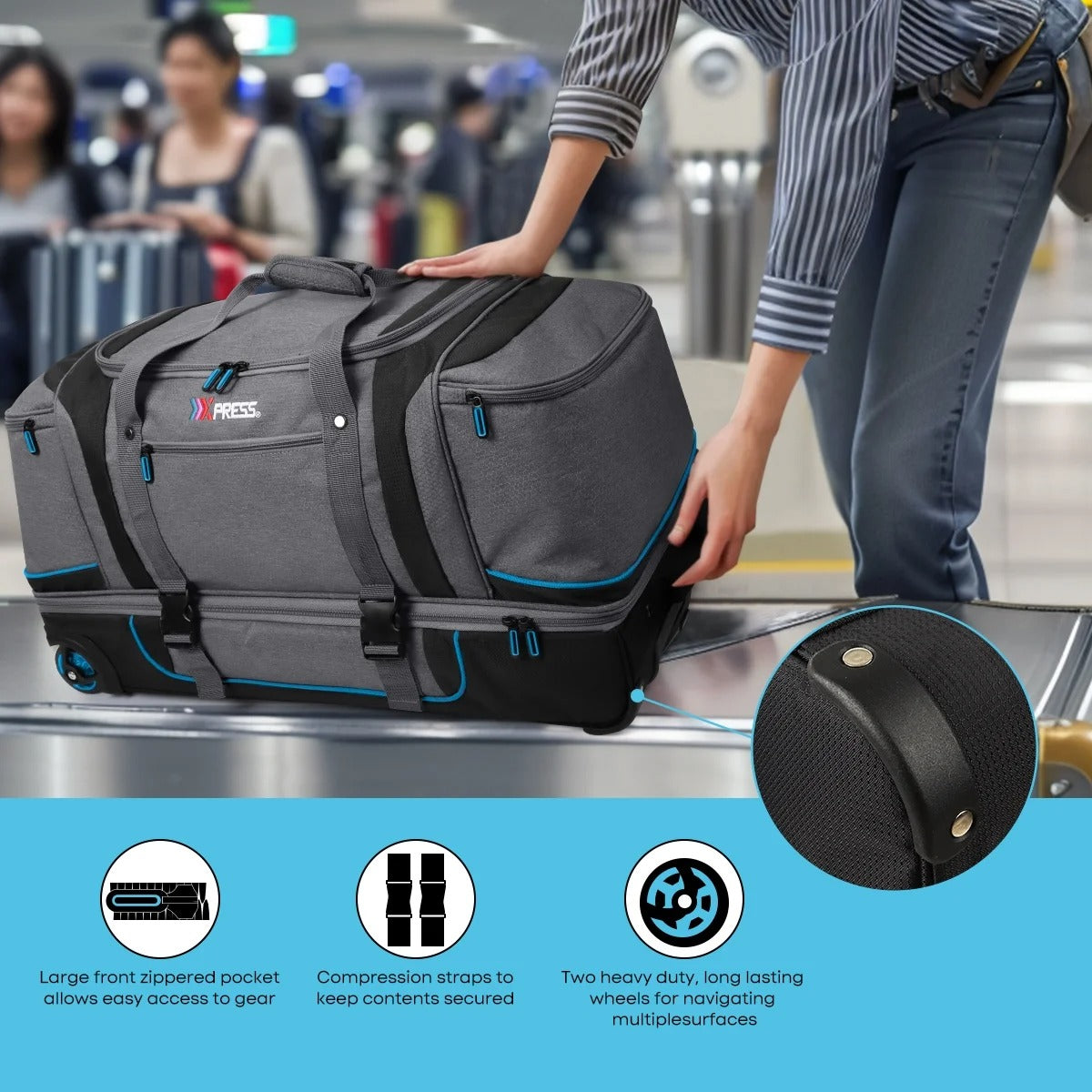 30" Wheeled Rolling Duffle Bag,Rolling Drop Bottom Duffel Bag with Multi- Pocket,Tear-Resistant Trolley Travel Bag,Luggage Duffel Bag for Men Women