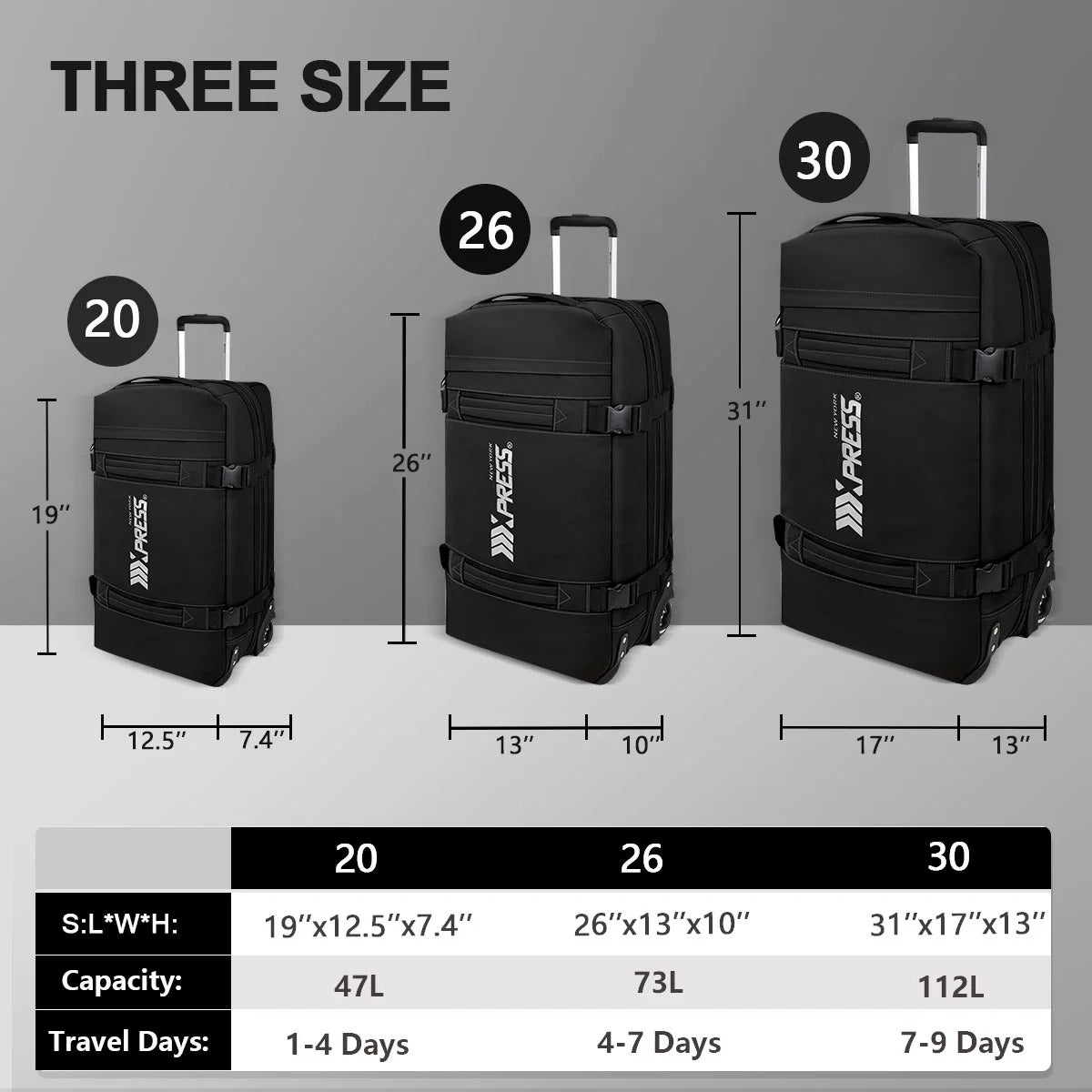 NEW YORK XPRESS 3PCS Soft side Roller Luggage Set, Waterproof Rolling Suitcase, Wheeled Travel Duffel Luggage for All Trip & Adventure,20in+26in+30in