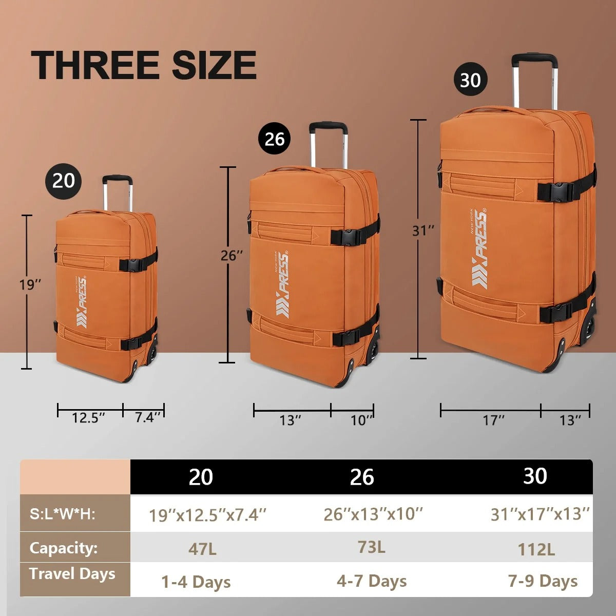 NEW YORK XPRESS 3PCS Soft side Roller Luggage Set, Waterproof Rolling Suitcase, Wheeled Travel Duffel Luggage for All Trip & Adventure,20in+26in+30in
