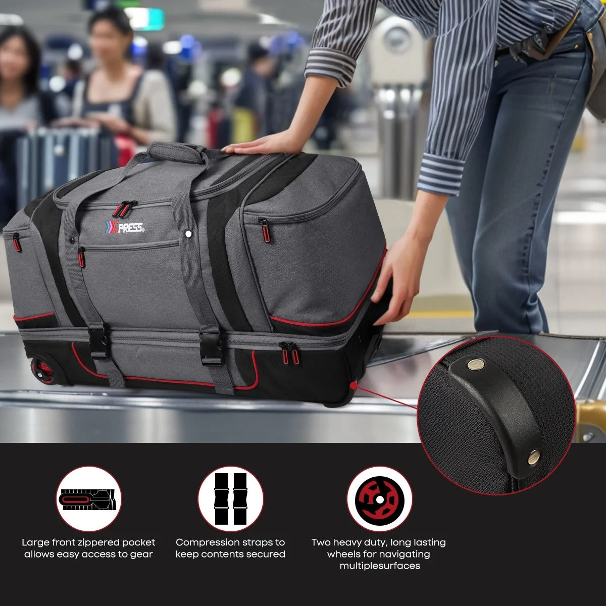 30" Wheeled Rolling Duffle Bag,Rolling Drop Bottom Duffel Bag with Multi- Pocket,Tear-Resistant Trolley Travel Bag,Luggage Duffel Bag for Men Women
