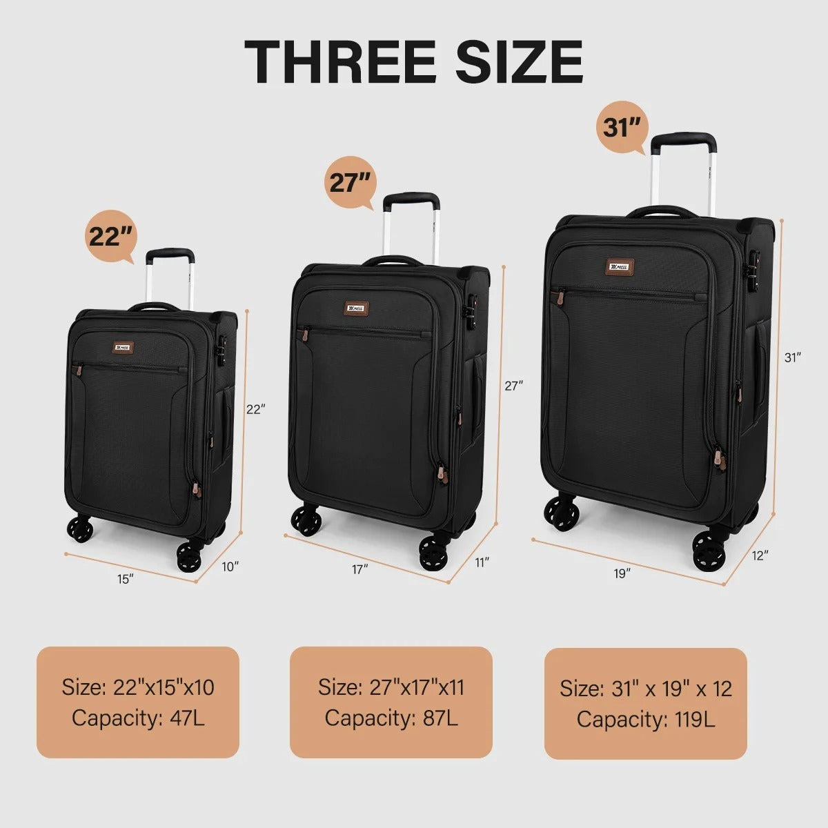 NEW YORK XPRESS 3 Piece Luggage Sets Expandable Softside Luggage Sets with Spinner Wheels and TSA Lock,Lightweight Travel Suitcase Set (20"/26"/28")