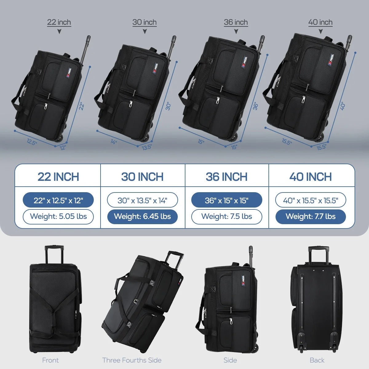 New York XPress Rolling Duffel Bag with Wheels, Wheeled Duffle Bag Luggage with Retractable Handle, Foldable Travel Bag Large for Women & Men