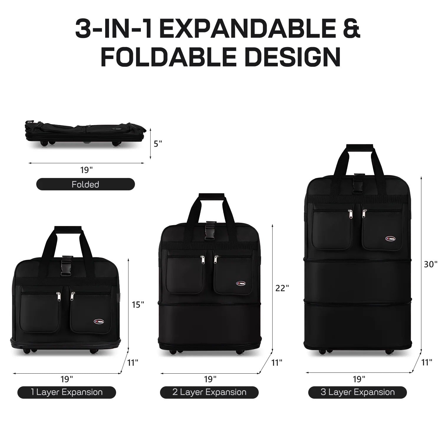 30" 36" 40" Expandable Foldable Luggage Bag with Universal Wheels and Grab Handle,3-Layer Collapsible Large Travel Rolling Suitcase Bag for Home Storage Moving Travel