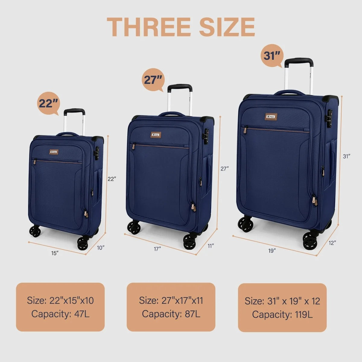 NEW YORK XPRESS 3 Piece Luggage Sets Expandable Softside Luggage Sets with Spinner Wheels and TSA Lock,Lightweight Travel Suitcase Set (20"/26"/28")