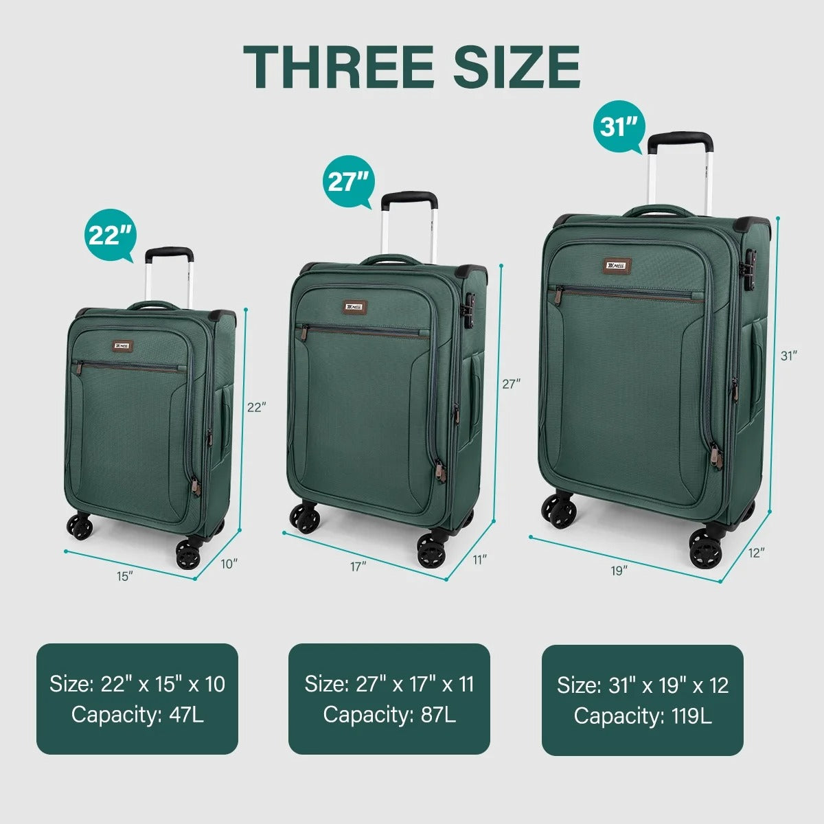 NEW YORK XPRESS 3 Piece Luggage Sets Expandable Softside Luggage Sets with Spinner Wheels and TSA Lock,Lightweight Travel Suitcase Set (20"/26"/28")