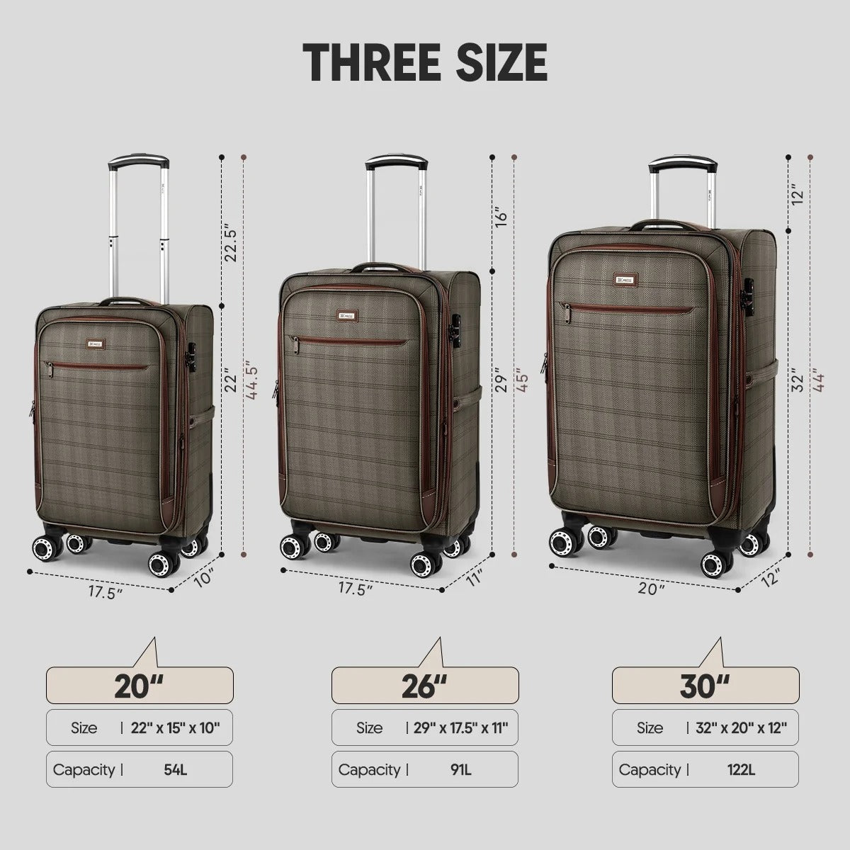 NEW YORK XPRESS 3 Piece Luggage Sets, Lightweight Expandable Soft side Luggage with Spinner Wheels, Large Travel Suitcase w/TSA Lock,20"Carry on Luggage,26"Checked Luggage and 30"Checked Luggage