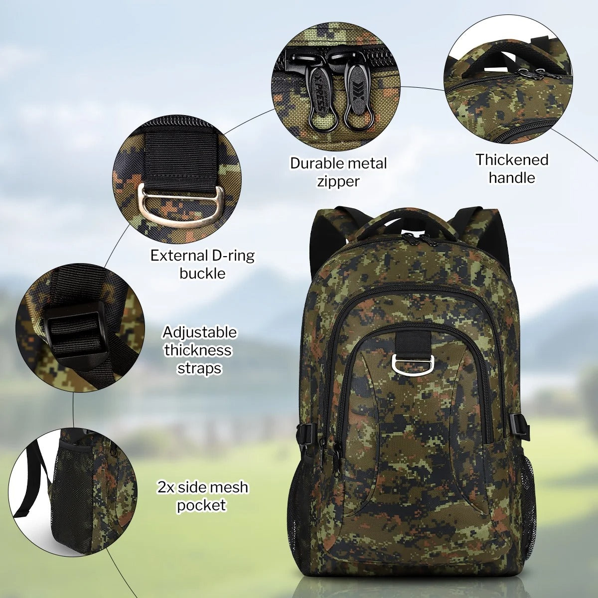 NEW YORK XPRESS Large Camo Backpacks for Men & Women,Waterproof Travel Backpack with Water Bottle Holder ,30L Lightweight Hiking Backpack for Daily Work School Outdoor