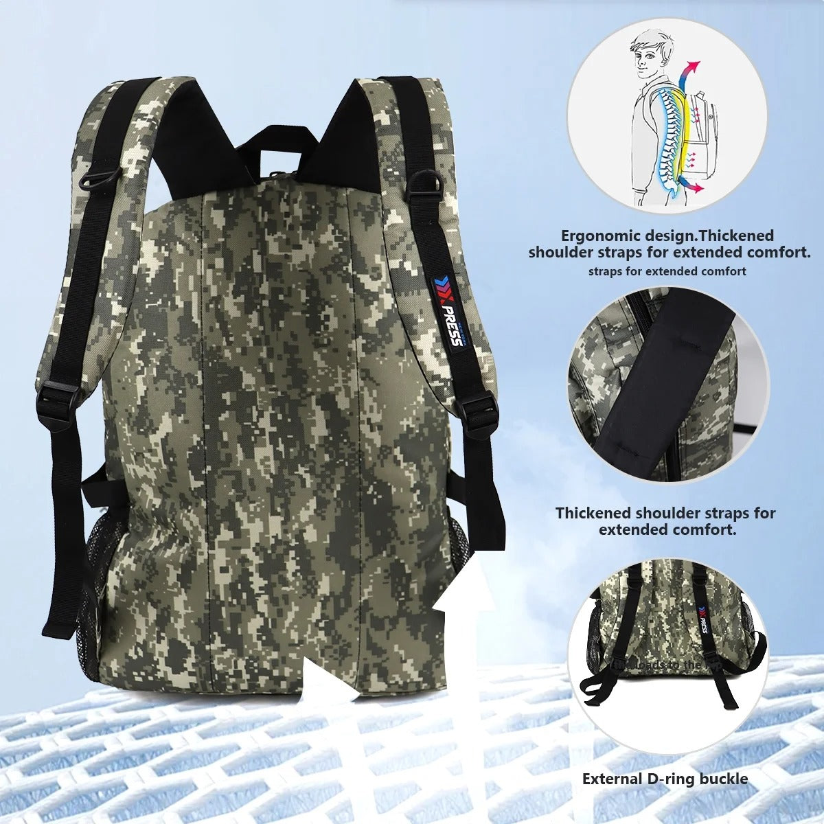 NEW YORK XPRESS Large Camo Backpacks for Men & Women,Waterproof Travel Backpack with Water Bottle Holder ,30L Lightweight Hiking Backpack for Daily Work School Outdoor