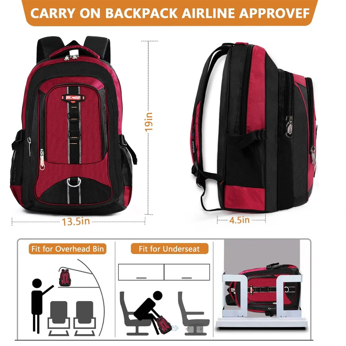 NEW YORK XPRESS Travel Backpack for Men Women, Lightweight Waterproof Multifunctional Daypack Backpack with Multiple Pockets for Daily Work Camping Hiking