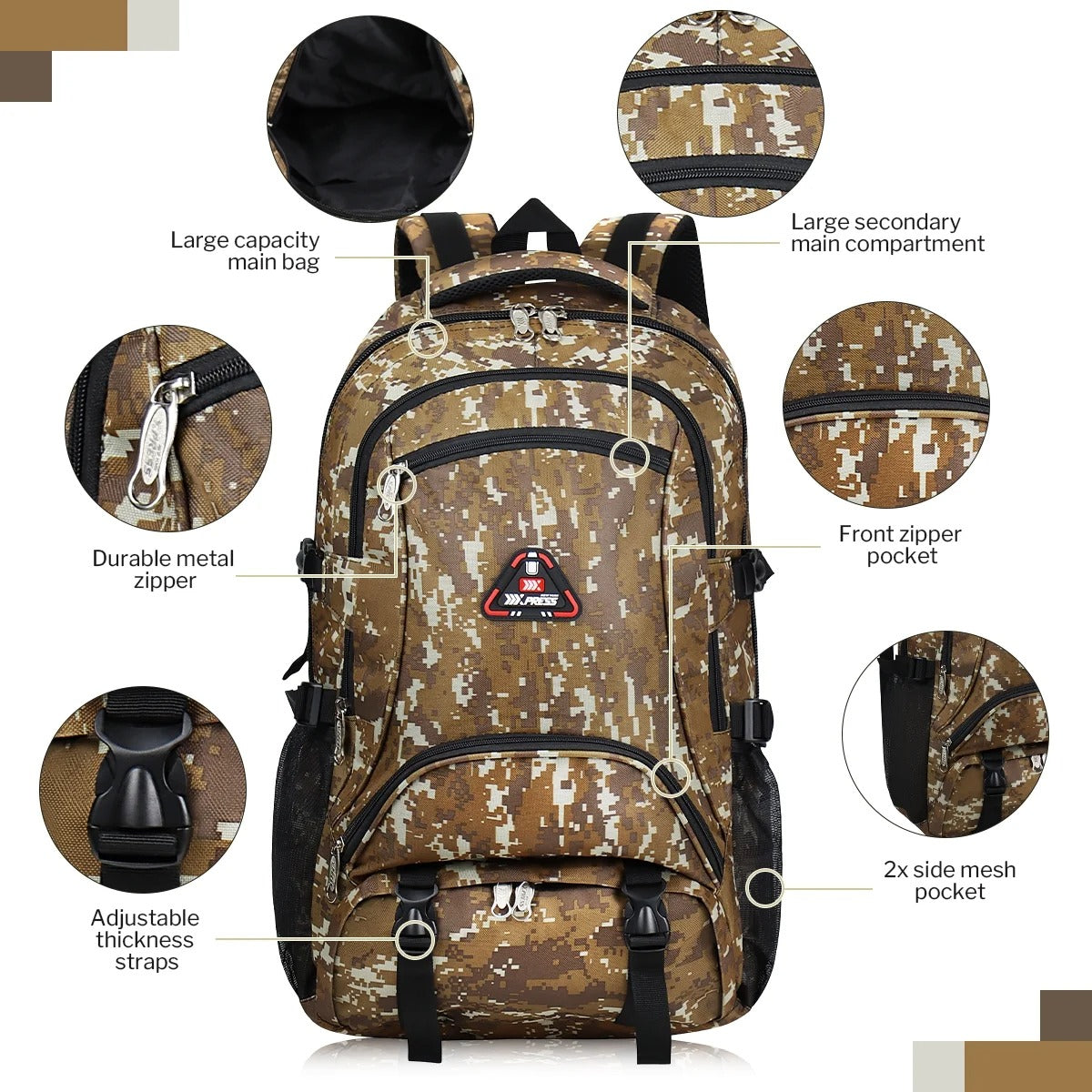 NEW YORK XPRESS 40L Camping Hiking Backpack for Men Women,Large Water-Resistant Camo Backpack with Adjustable Strap & Waist Buckle,Lightweight Carry on Travel Backpack Flight Approved