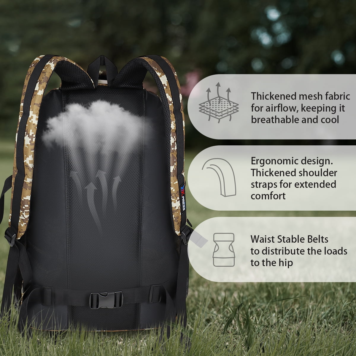 NEW YORK XPRESS 40L Camping Hiking Backpack for Men Women,Large Water-Resistant Camo Backpack with Adjustable Strap & Waist Buckle,Lightweight Carry on Travel Backpack Flight Approved