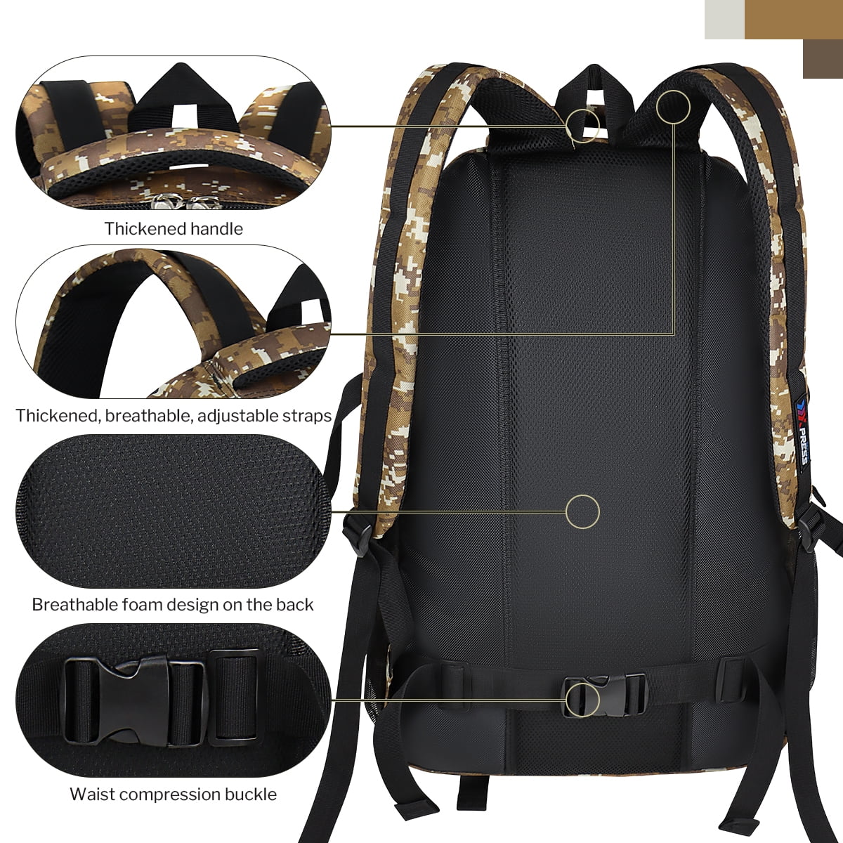 NEW YORK XPRESS 40L Camping Hiking Backpack for Men Women,Large Water-Resistant Camo Backpack with Adjustable Strap & Waist Buckle,Lightweight Carry on Travel Backpack Flight Approved