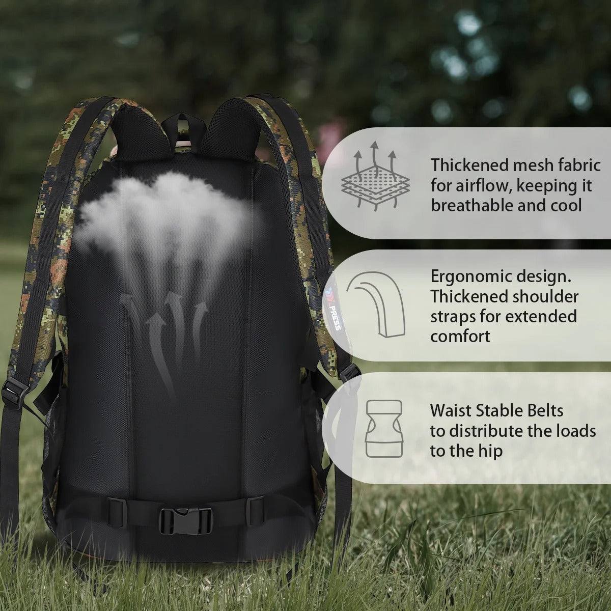 NEW YORK XPRESS 40L Camping Hiking Backpack for Men Women,Large Water-Resistant Camo Backpack with Adjustable Strap & Waist Buckle,Lightweight Carry on Travel Backpack Flight Approved