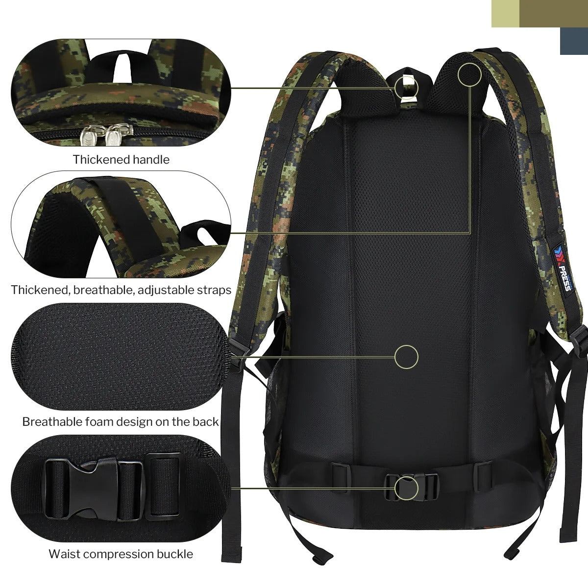 NEW YORK XPRESS 40L Camping Hiking Backpack for Men Women,Large Water-Resistant Camo Backpack with Adjustable Strap & Waist Buckle,Lightweight Carry on Travel Backpack Flight Approved