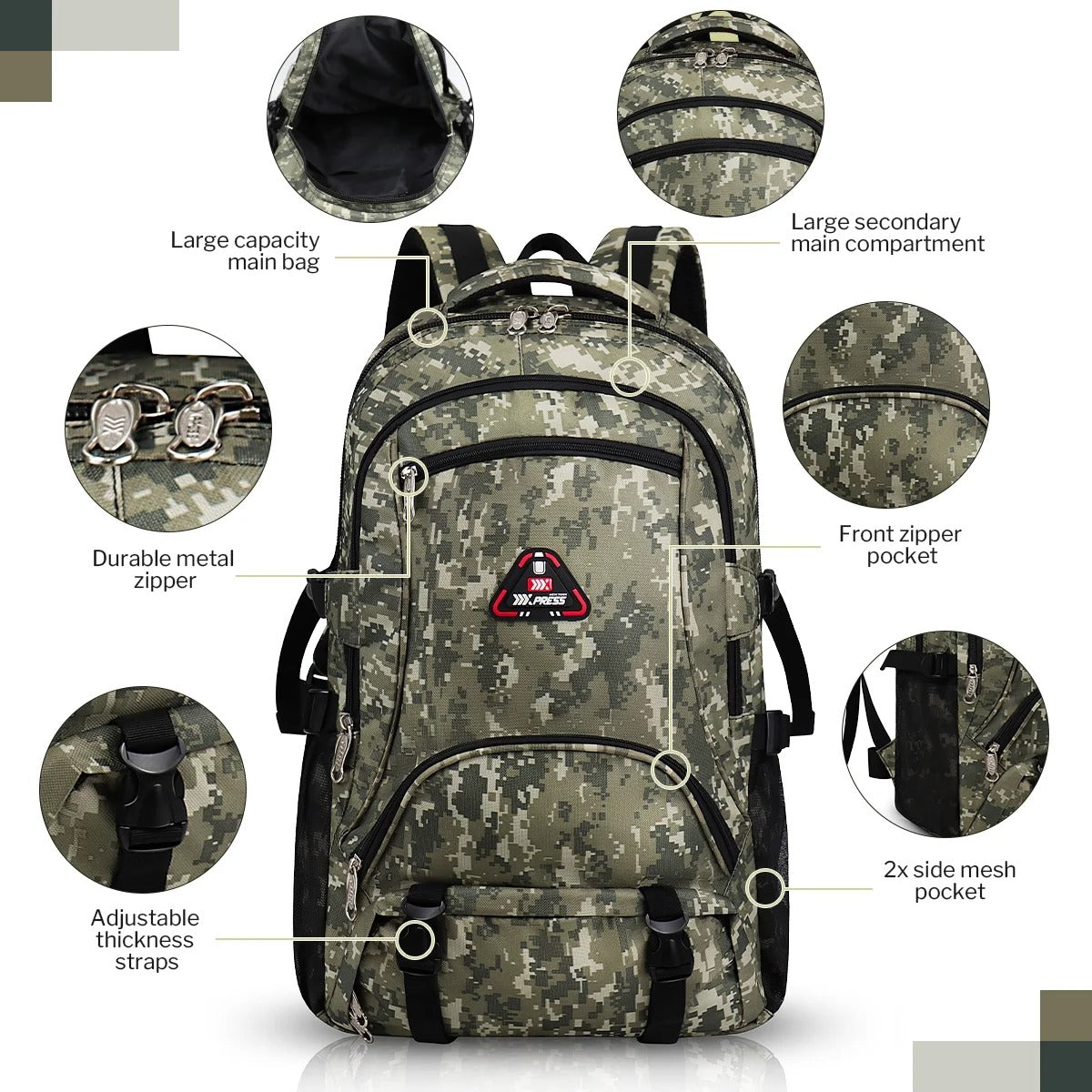 NEW YORK XPRESS 40L Camping Hiking Backpack for Men Women,Large Water-Resistant Camo Backpack with Adjustable Strap & Waist Buckle,Lightweight Carry on Travel Backpack Flight Approved