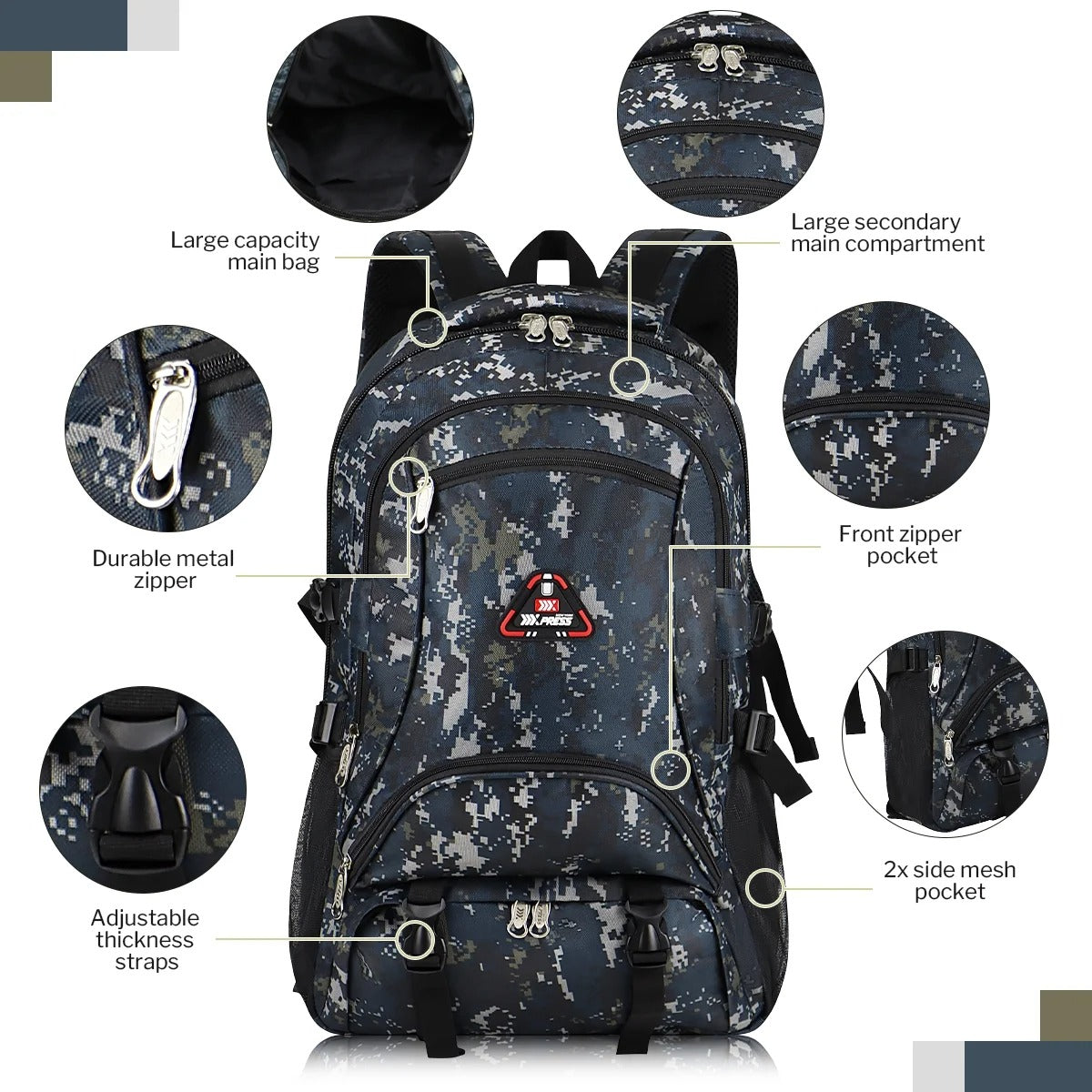 NEW YORK XPRESS 40L Camping Hiking Backpack for Men Women,Large Water-Resistant Camo Backpack with Adjustable Strap & Waist Buckle,Lightweight Carry on Travel Backpack Flight Approved