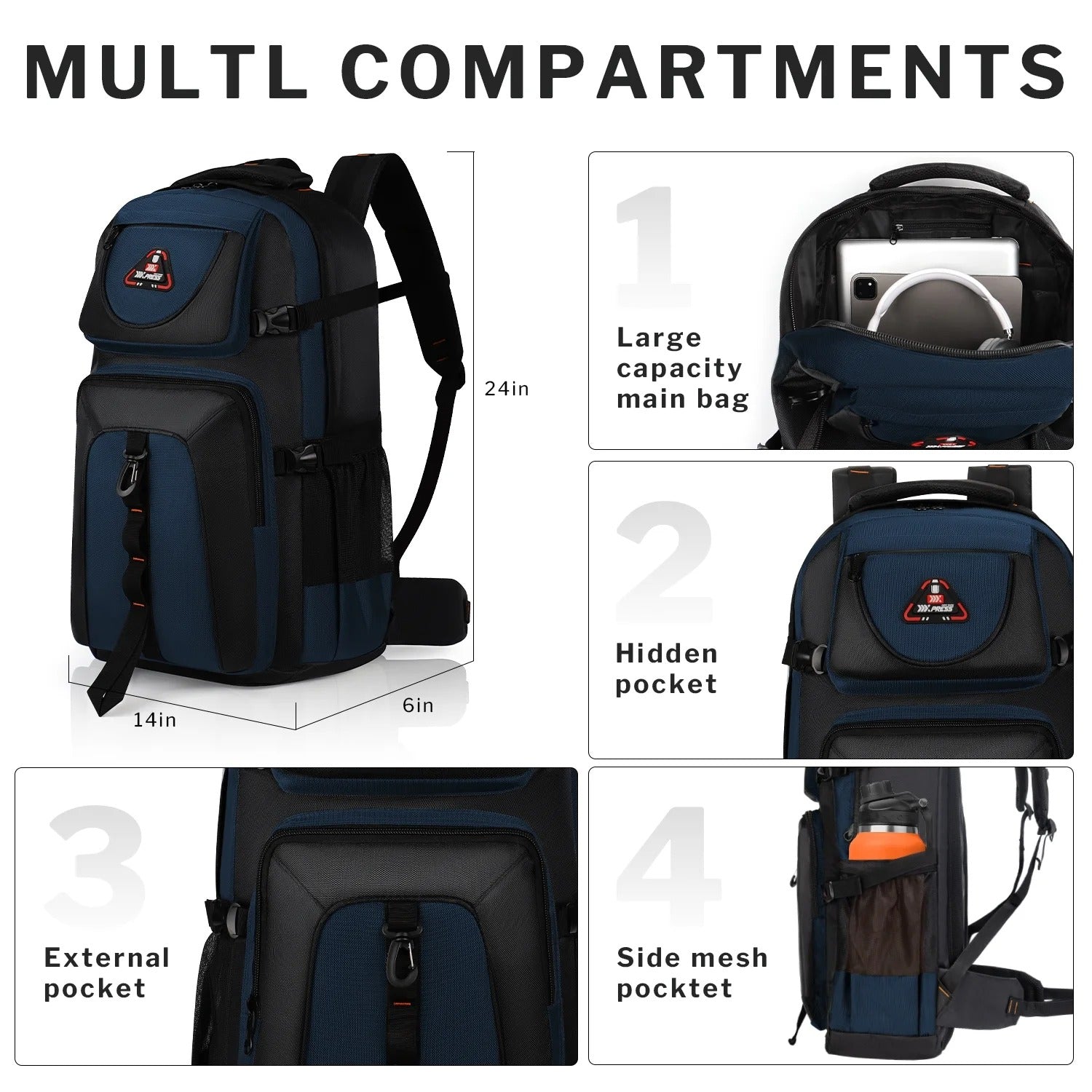 NEW YORK XPRESS 40L Travel Backpacks for Men Women, Water Resistant Anti-Theft Hiking Backpack Airplane Approved, Lightweight Outdoor Camping Backpack Molle Daypack