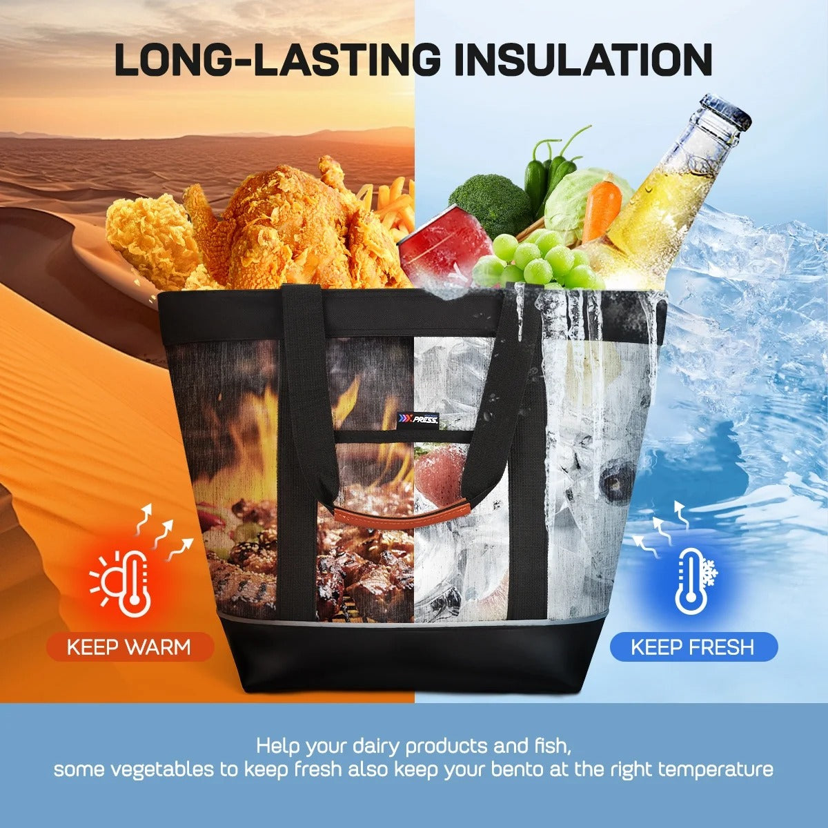 NEW YORK XPRESS 1PC Large Insulated Cooler Tote Bag,38L Reusable Thermal Cooler Bag with Front Pocket & Top Zipper,Collapsible Portable Soft Cooler Tote for Shopping Beach Camping Work