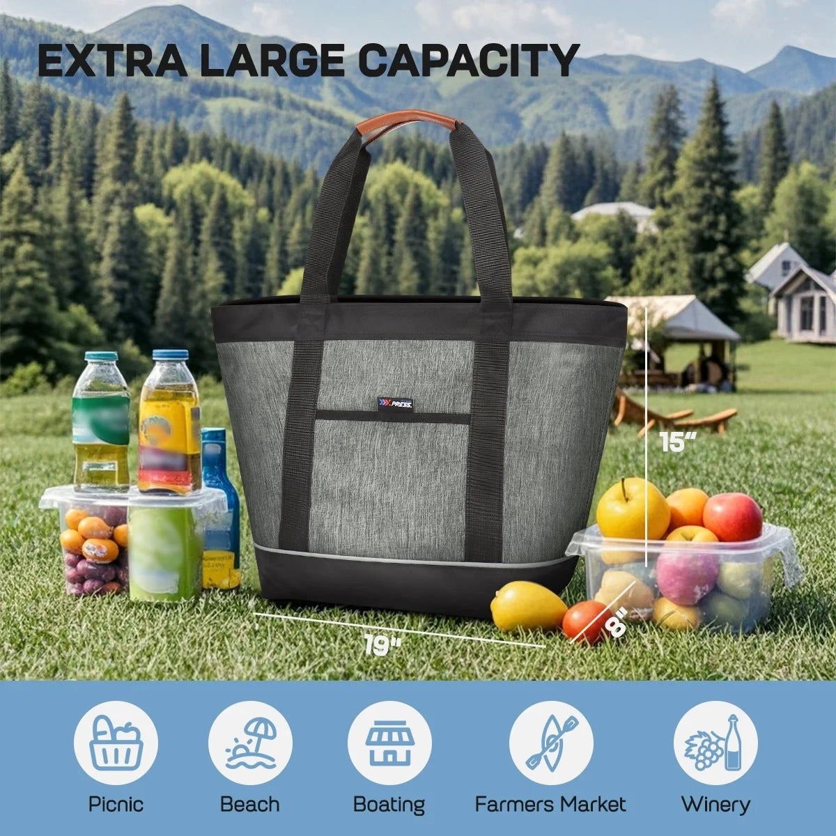 NEW YORK XPRESS 1PC Large Insulated Cooler Tote Bag,38L Reusable Thermal Cooler Bag with Front Pocket & Top Zipper,Collapsible Portable Soft Cooler Tote for Shopping Beach Camping Work