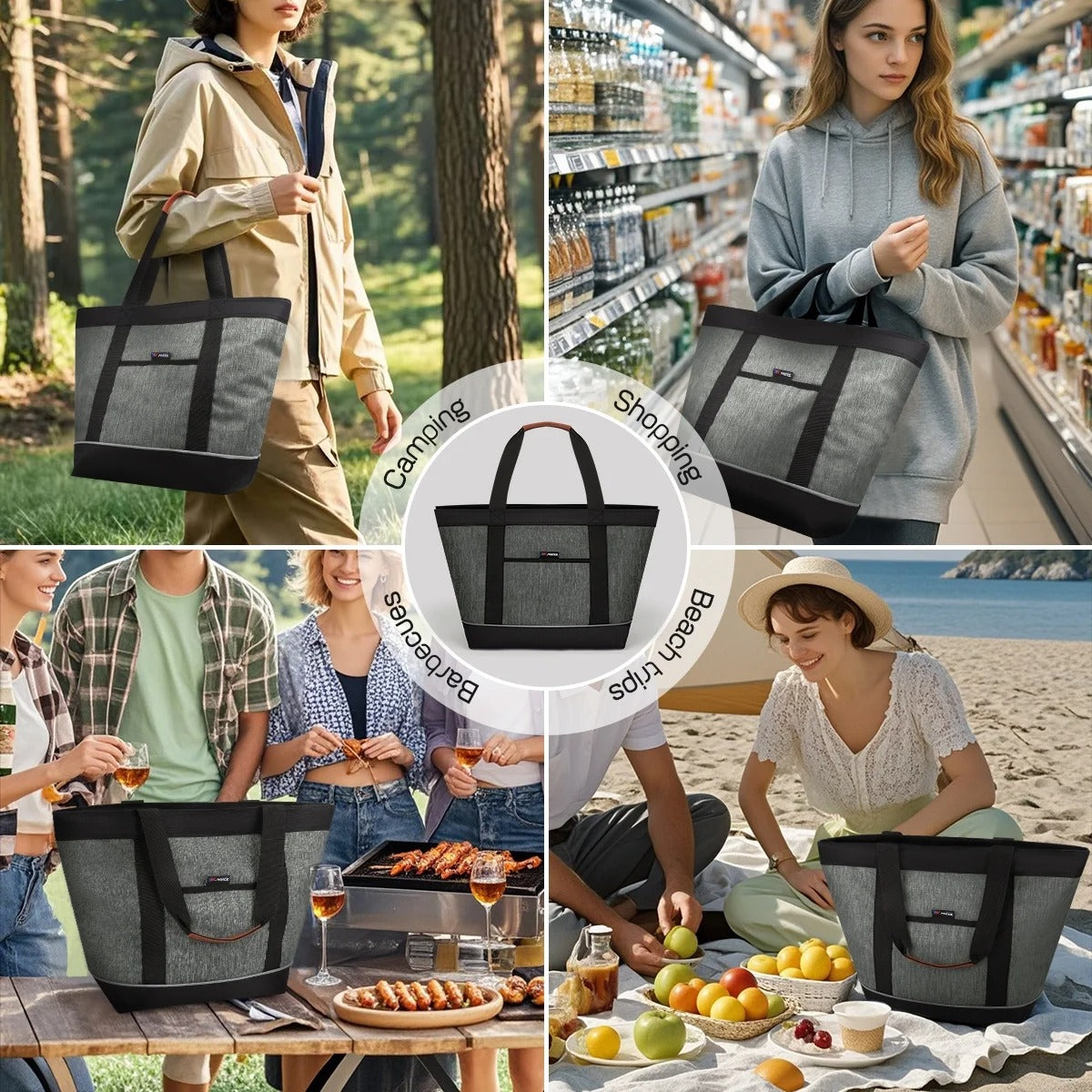 NEW YORK XPRESS 1PC Large Insulated Cooler Tote Bag,38L Reusable Thermal Cooler Bag with Front Pocket & Top Zipper,Collapsible Portable Soft Cooler Tote for Shopping Beach Camping Work