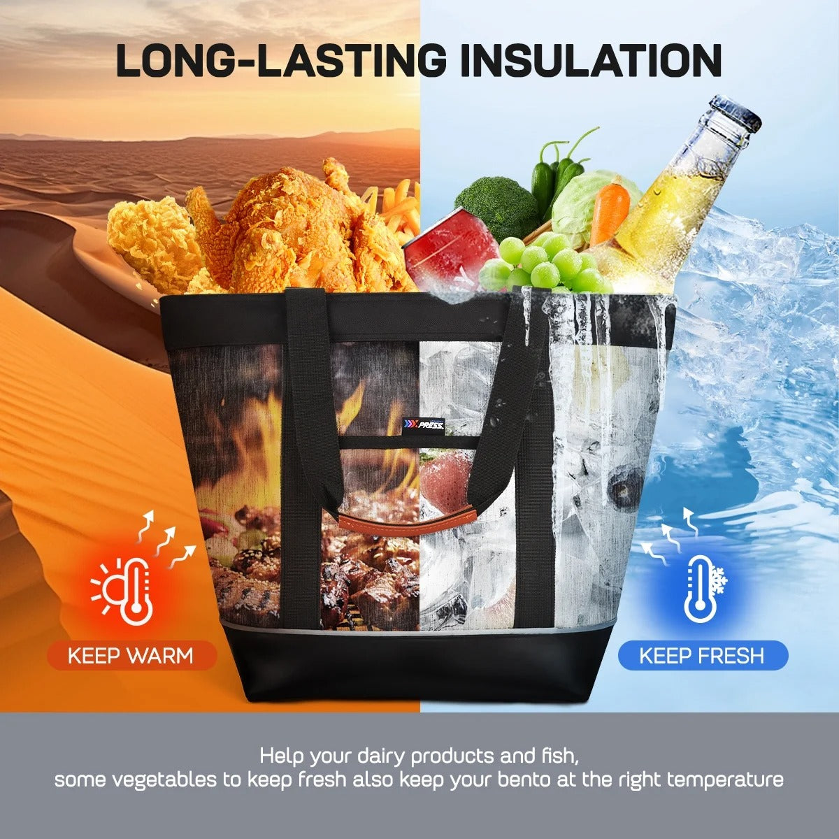 NEW YORK XPRESS 1PC Large Insulated Cooler Tote Bag,38L Reusable Thermal Cooler Bag with Front Pocket & Top Zipper,Collapsible Portable Soft Cooler Tote for Shopping Beach Camping Work