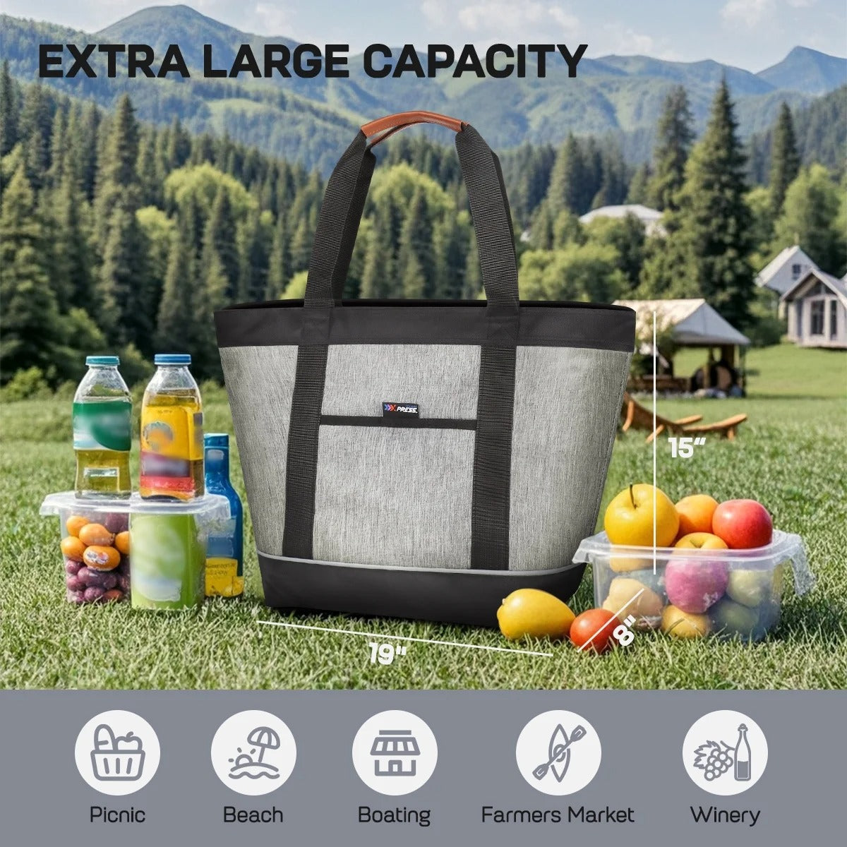 NEW YORK XPRESS 1PC Large Insulated Cooler Tote Bag,38L Reusable Thermal Cooler Bag with Front Pocket & Top Zipper,Collapsible Portable Soft Cooler Tote for Shopping Beach Camping Work