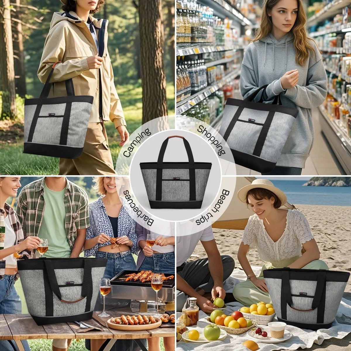 NEW YORK XPRESS 1PC Large Insulated Cooler Tote Bag,38L Reusable Thermal Cooler Bag with Front Pocket & Top Zipper,Collapsible Portable Soft Cooler Tote for Shopping Beach Camping Work