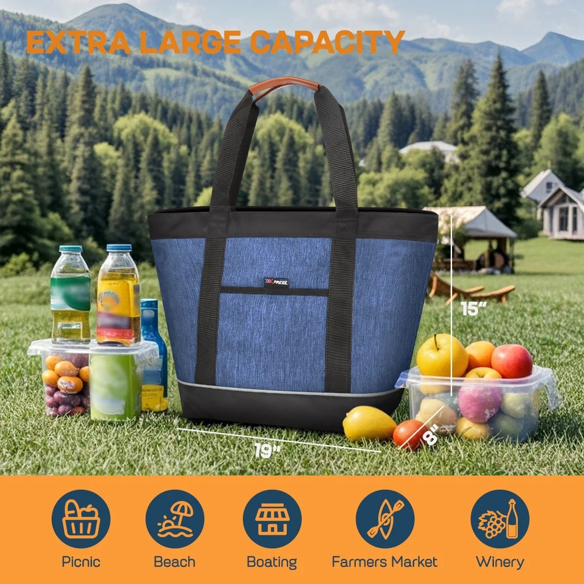 NEW YORK XPRESS 1PC Large Insulated Cooler Tote Bag,38L Reusable Thermal Cooler Bag with Front Pocket & Top Zipper,Collapsible Portable Soft Cooler Tote for Shopping Beach Camping Work