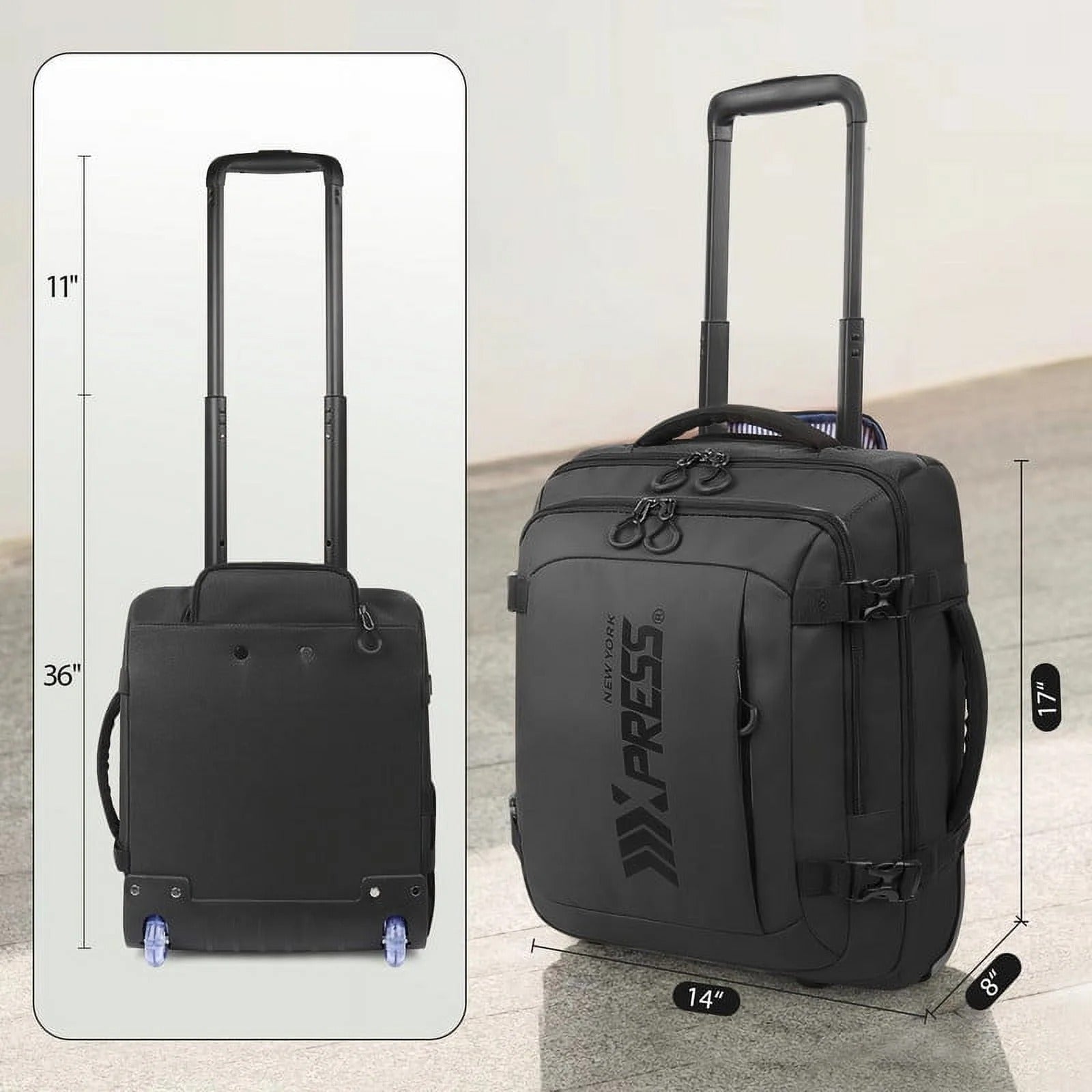 NEW YORK XPRESS 17" Underseat Carry on Luggage Airplane Approved,Water Repellent Softside Travel Suitcase,Lightweight Small Rolling Personal Item Luggage for Short Trip