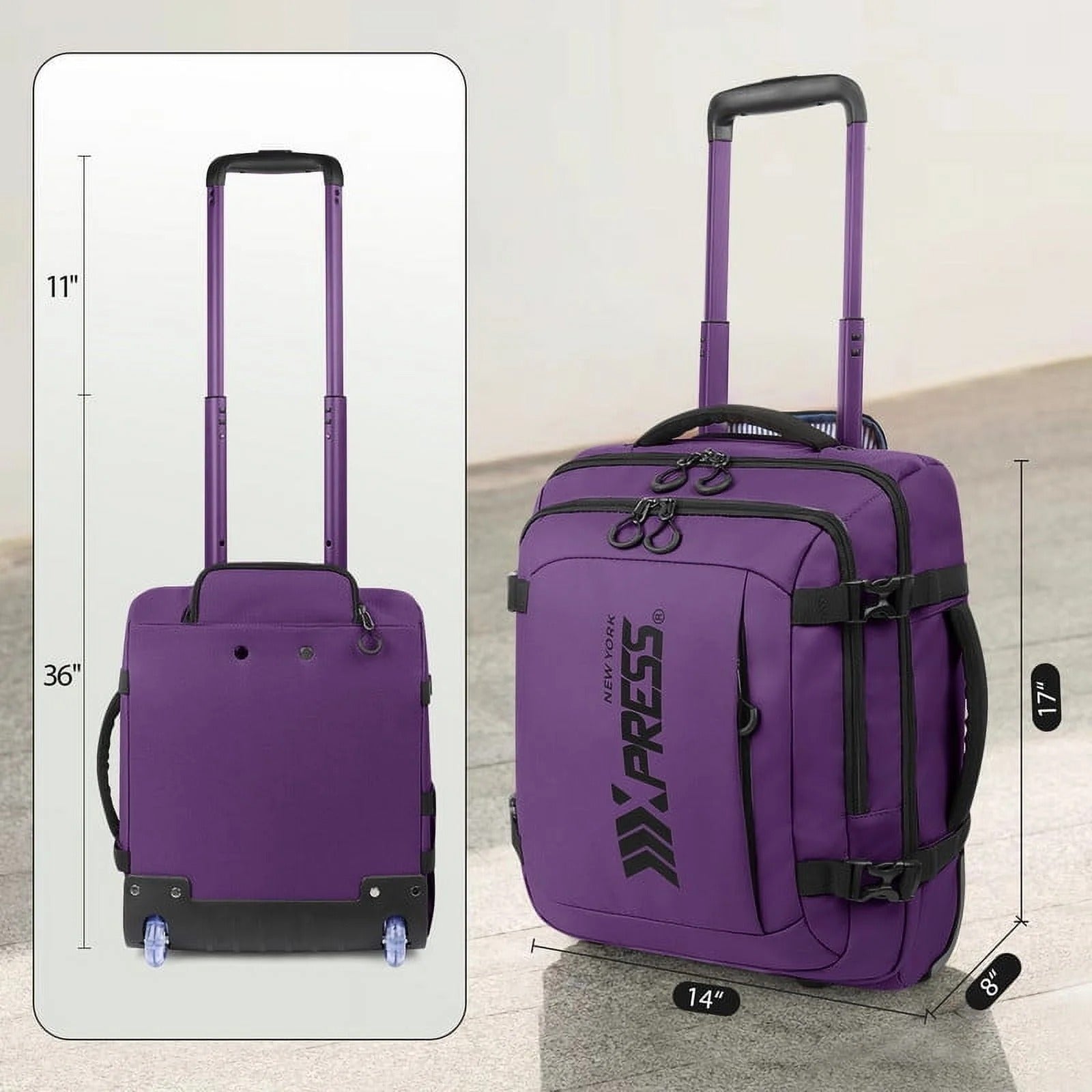 NEW YORK XPRESS 17" Underseat Carry on Luggage Airplane Approved,Water Repellent Softside Travel Suitcase,Lightweight Small Rolling Personal Item Luggage for Short Trip