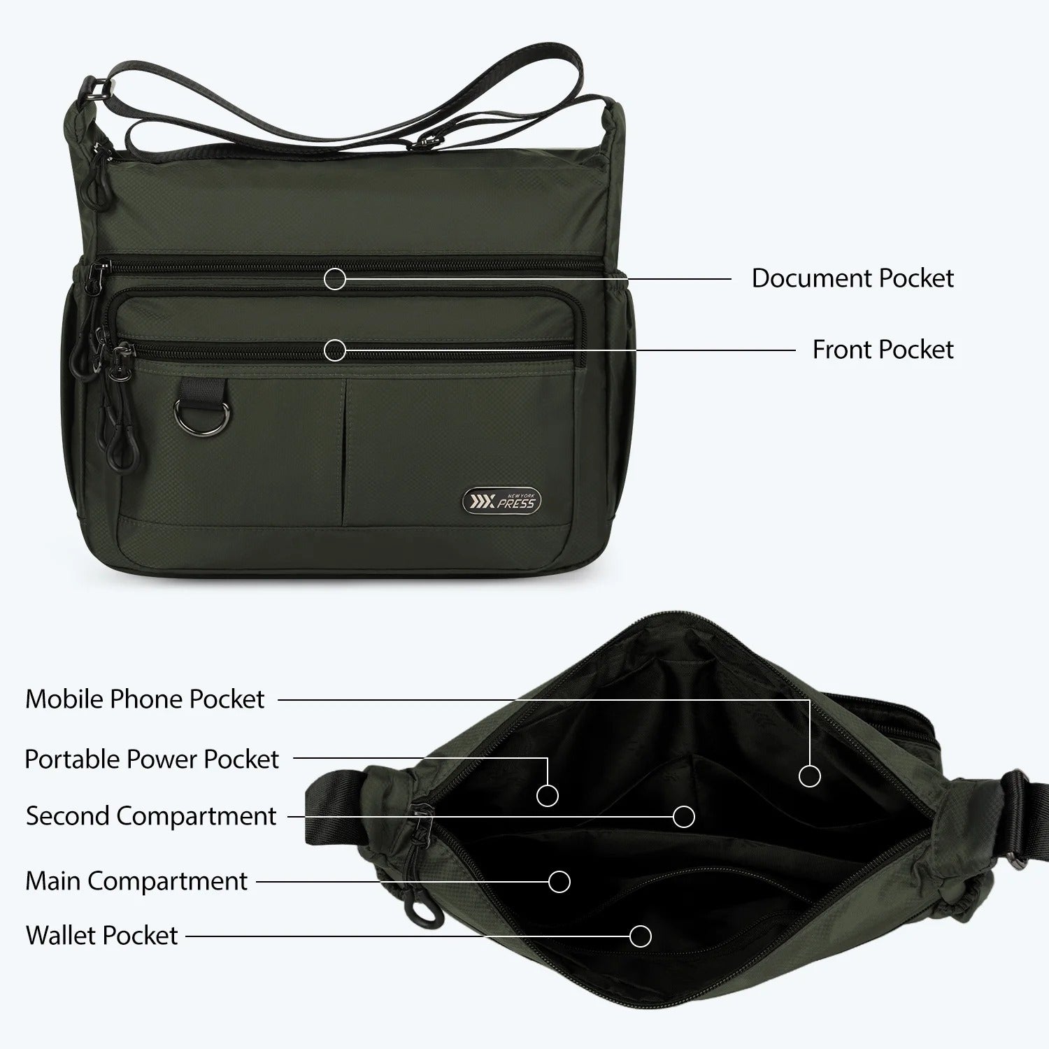 NEW YORK XPRESS TT-851 Unisex Water-Resistant Crossbody Bag, Multi Pocket for Travel ,Work , Daily Use 10"