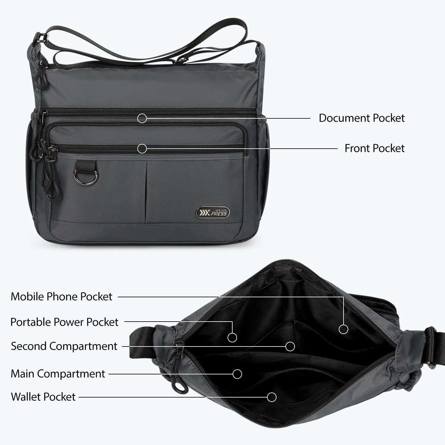 NEW YORK XPRESS TT-851 Unisex Water-Resistant Crossbody Bag, Multi Pocket for Travel ,Work , Daily Use 10"