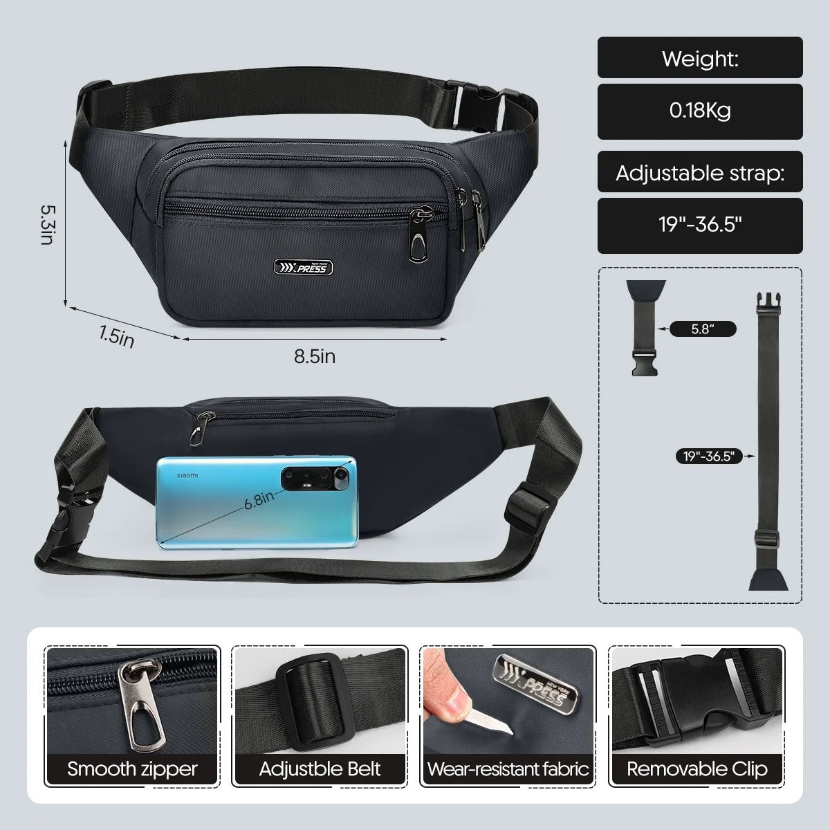 NEW YORK XPRESS Small Fanny Pack for Men Women,Water Resistant Crossbody Bag Waist Pack with 4 Zipper Pockets & Adjustable Strap,Hip Pack Bag for Travel,Walking,Running,Hiking,Cycling