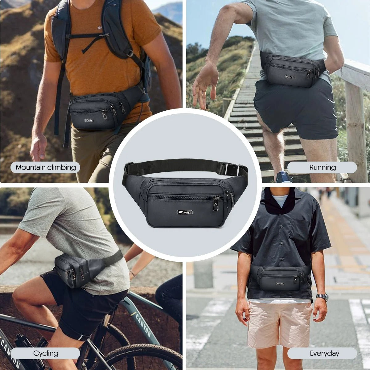 NEW YORK XPRESS Small Fanny Pack for Men Women,Water Resistant Crossbody Bag Waist Pack with 4 Zipper Pockets & Adjustable Strap,Hip Pack Bag for Travel,Walking,Running,Hiking,Cycling
