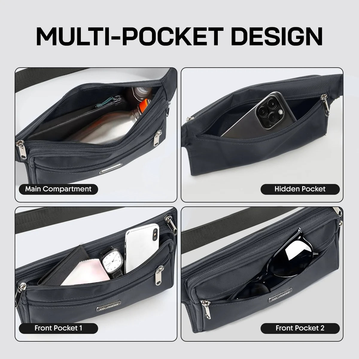 NEW YORK XPRESS Slim Fanny Pack for Men Women,Water-Resistant Adjustable Strap Waist Belt Pouch Bag with 4 Pockets,Small Hip Bag for Travel,Running,Cycling,Hiking,Money,Phone Holder