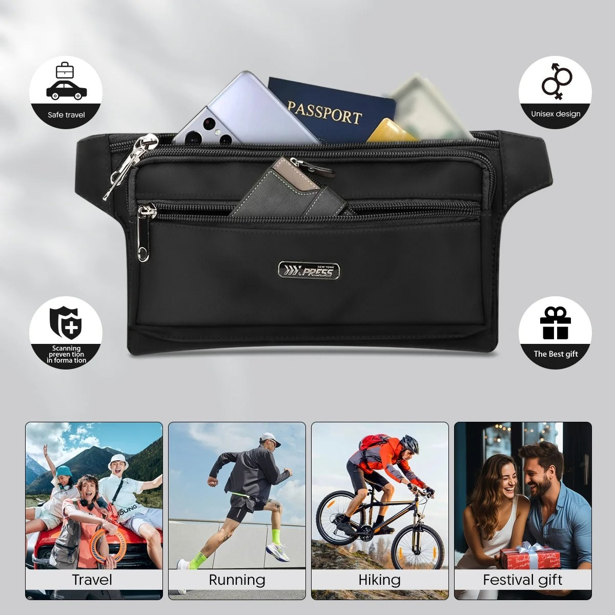 NEW YORK XPRESS Slim Fanny Pack for Men Women,Water-Resistant Adjustable Strap Waist Belt Pouch Bag with 4 Pockets,Small Hip Bag for Travel,Running,Cycling,Hiking,Money,Phone Holder