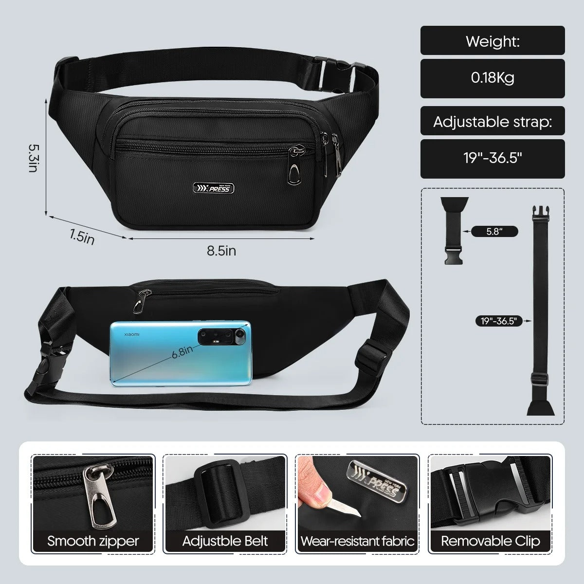 NEW YORK XPRESS Small Fanny Pack for Men Women,Water Resistant Crossbody Bag Waist Pack with 4 Zipper Pockets & Adjustable Strap,Hip Pack Bag for Travel,Walking,Running,Hiking,Cycling